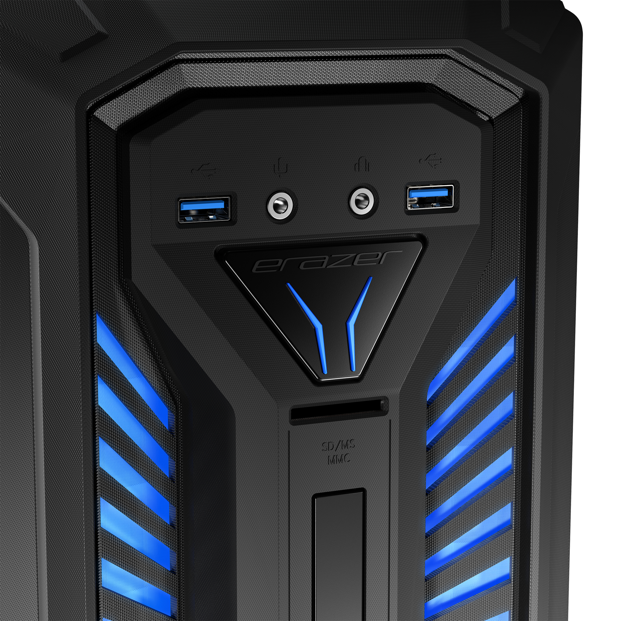 Vooraanzicht X30 behuizing met cardreader, USB 3.0 poorten en audio jack plugs