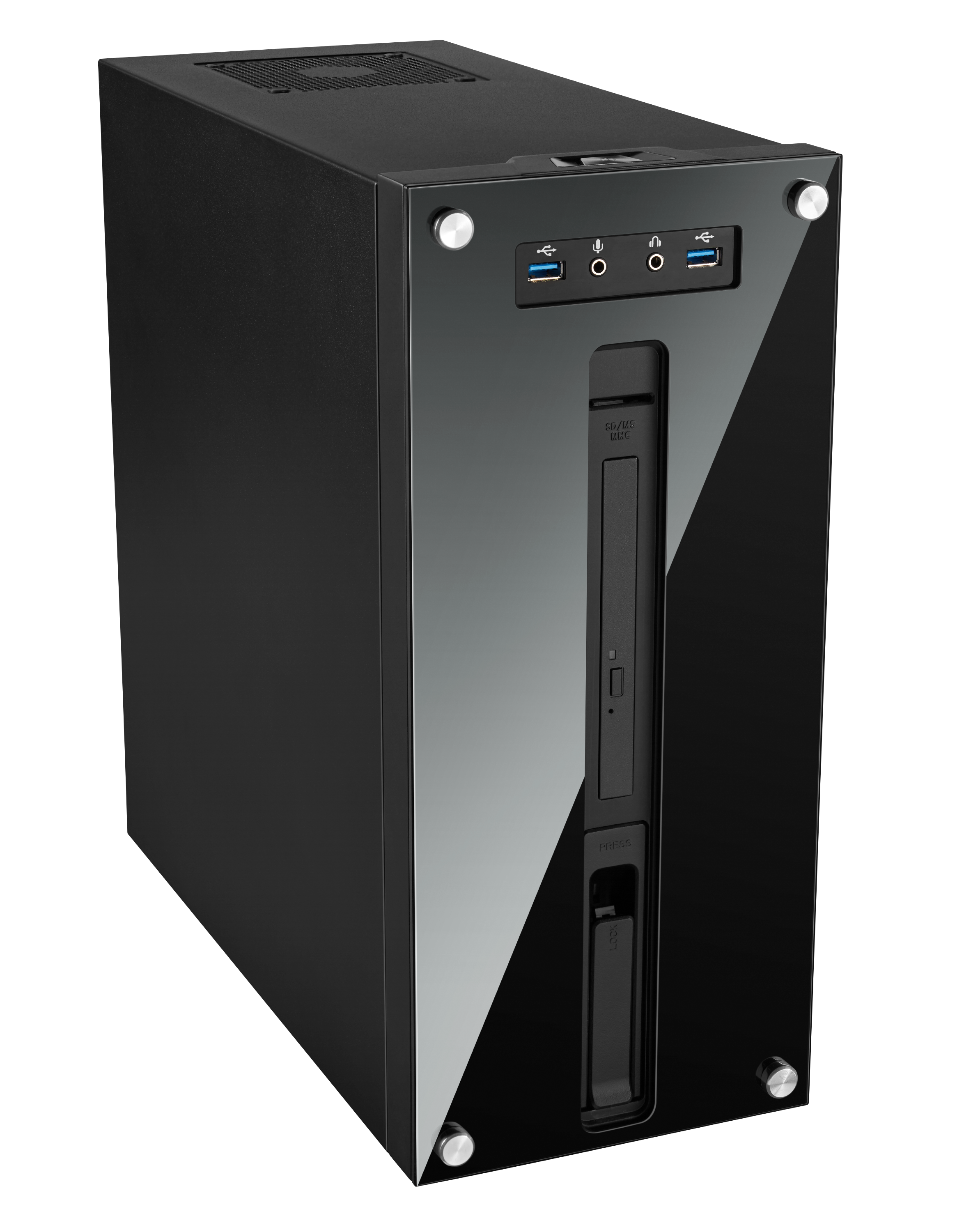 Vooraanzicht S70 behuizing met cardreader, USB 3.0 poorten en audio jack plugs