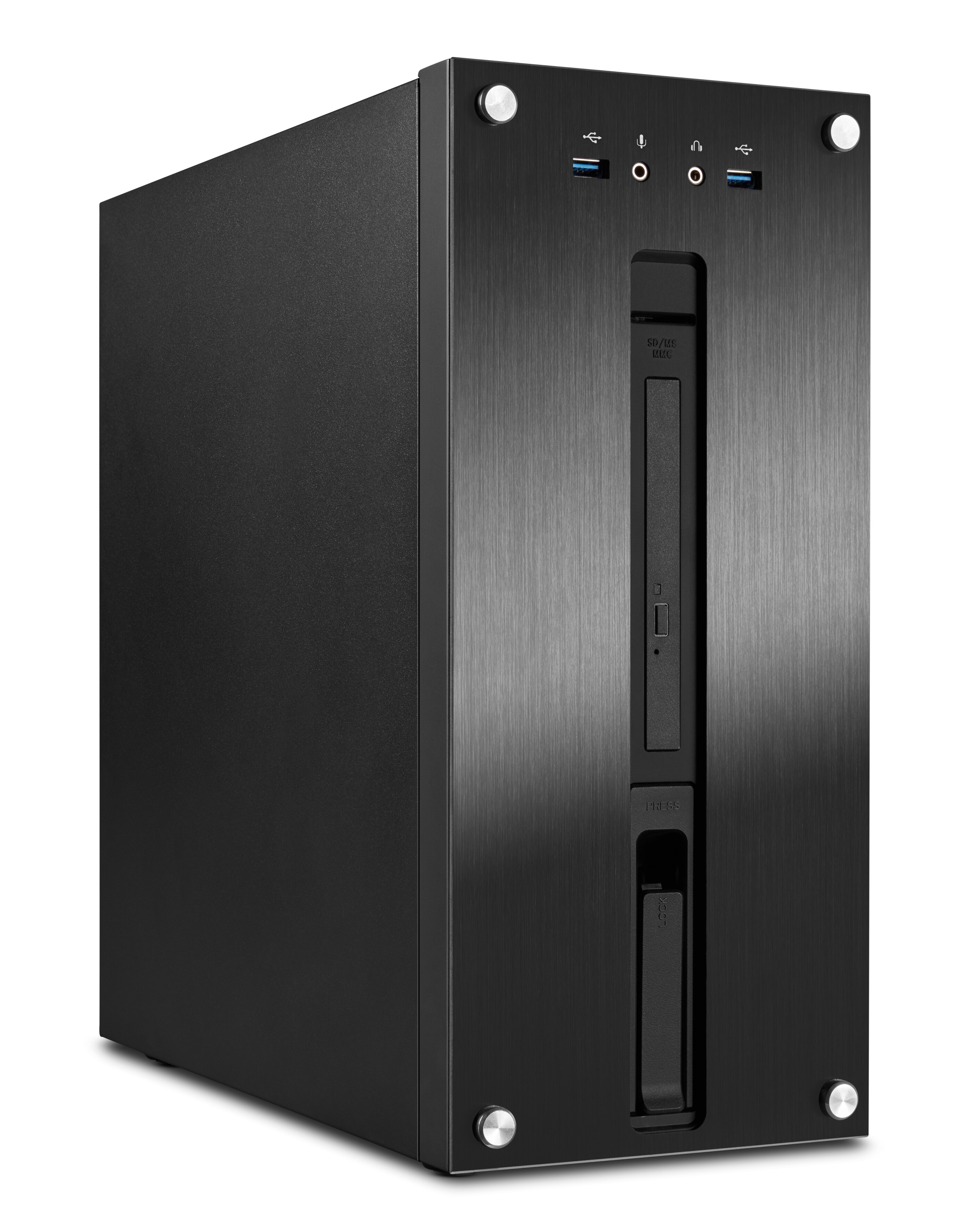 Vooraanzicht S75 behuizing met cardreader, USB 3.0 poorten en audio jack plugs