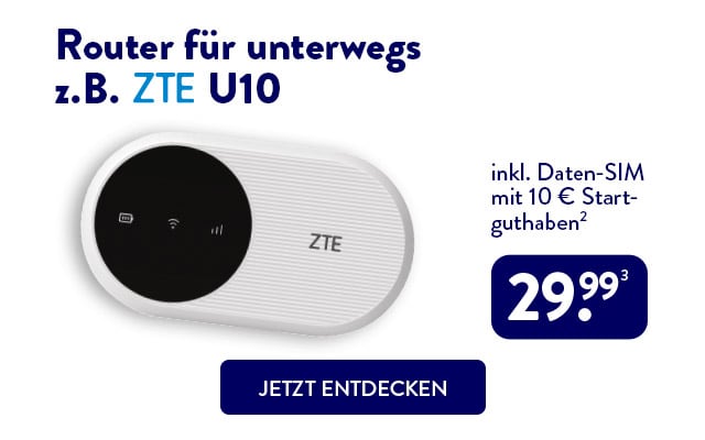 ALDI TALK Router für unterwegs. z.B. ZTE U10 inkl. Daten-SIM mit 10€ Startguthaben (2) für 99,99 €(3) - JETZT ENTDECKEN