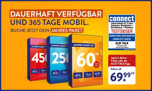 DAUERHAFT VERFÜGBAR UND 365 TAGE MOBIL. BUCHE JETZT DEIN JAHRES-PAKET. Schon ab 69,99 €(23)