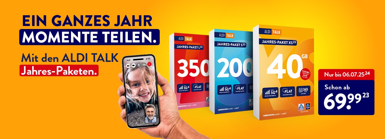 Ein ganzes Jahr Momente teilen. Mit den ALDI TALK Jahres-Paketen. Nur bis zum 16.07.25 (24) Schon ab 69,99 € (23)