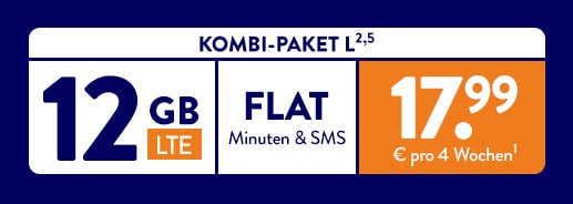 ALDI TALK - Kombi-Paket L: 12 GB LTE, FLAT Minuten & SMS für 17,99 € pro 4 Wochen