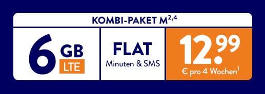 ALDI TALK - Kombi-Paket M: 6 GB LTE, FLAT Minuten & SMS für 12,99 € pro 4 Wochen