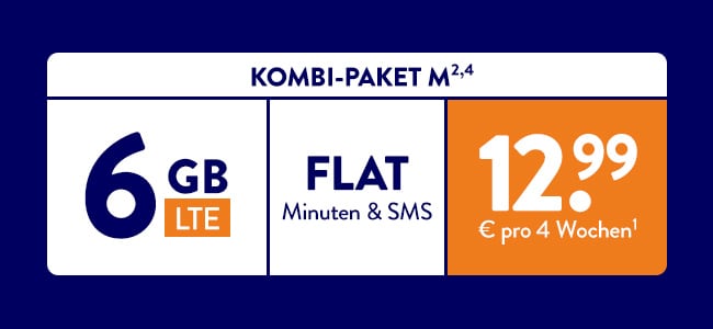 ALDI TALK - Kombi-Paket M: 6 GB LTE, FLAT Minuten & SMS für 12,99 € pro 4 Wochen