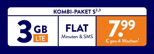 ALDI TALK - Kombi-Paket S: 3 GB LTE, FLAT Minuten & SMS für 7,99 € pro 4 Wochen