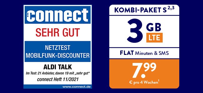 ALDI TALK - Kombi-Paket S: 3 GB LTE, FLAT Minuten & SMS für 7,99 € pro 4 Wochen