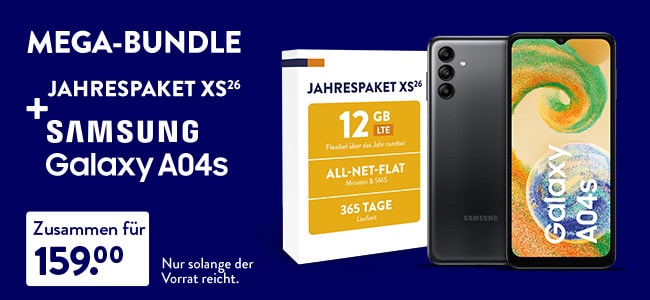 ALDI TALK - Mega-Bundle: Jahrespaket XS(26) + Samsung Galaxy A04s - zusammen für 159,- Euro (nur solange Vorrat reicht)