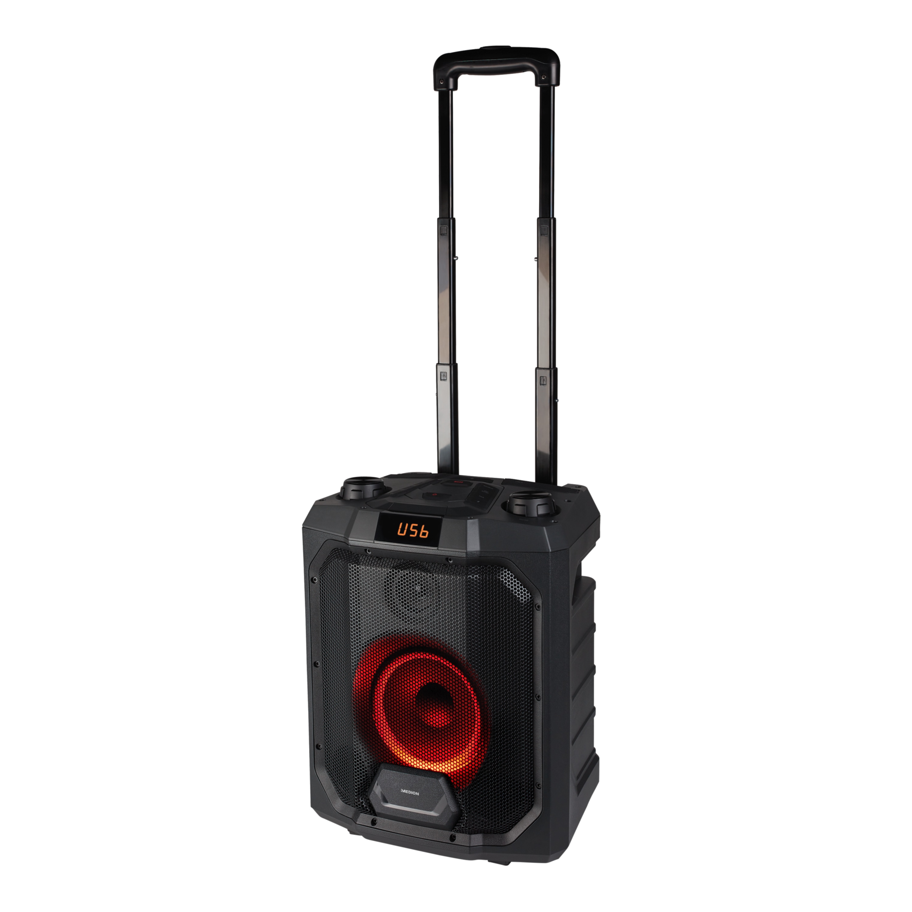 MEDION® LIFE® P61988 Trolley Partylautsprecher mit Bluetooth®, LED-Display, Karaoke Funktion, Bass Boost, farbige LED-Lichter, ausziehbarer Teleskopgriff & Rollen, integr. Akku