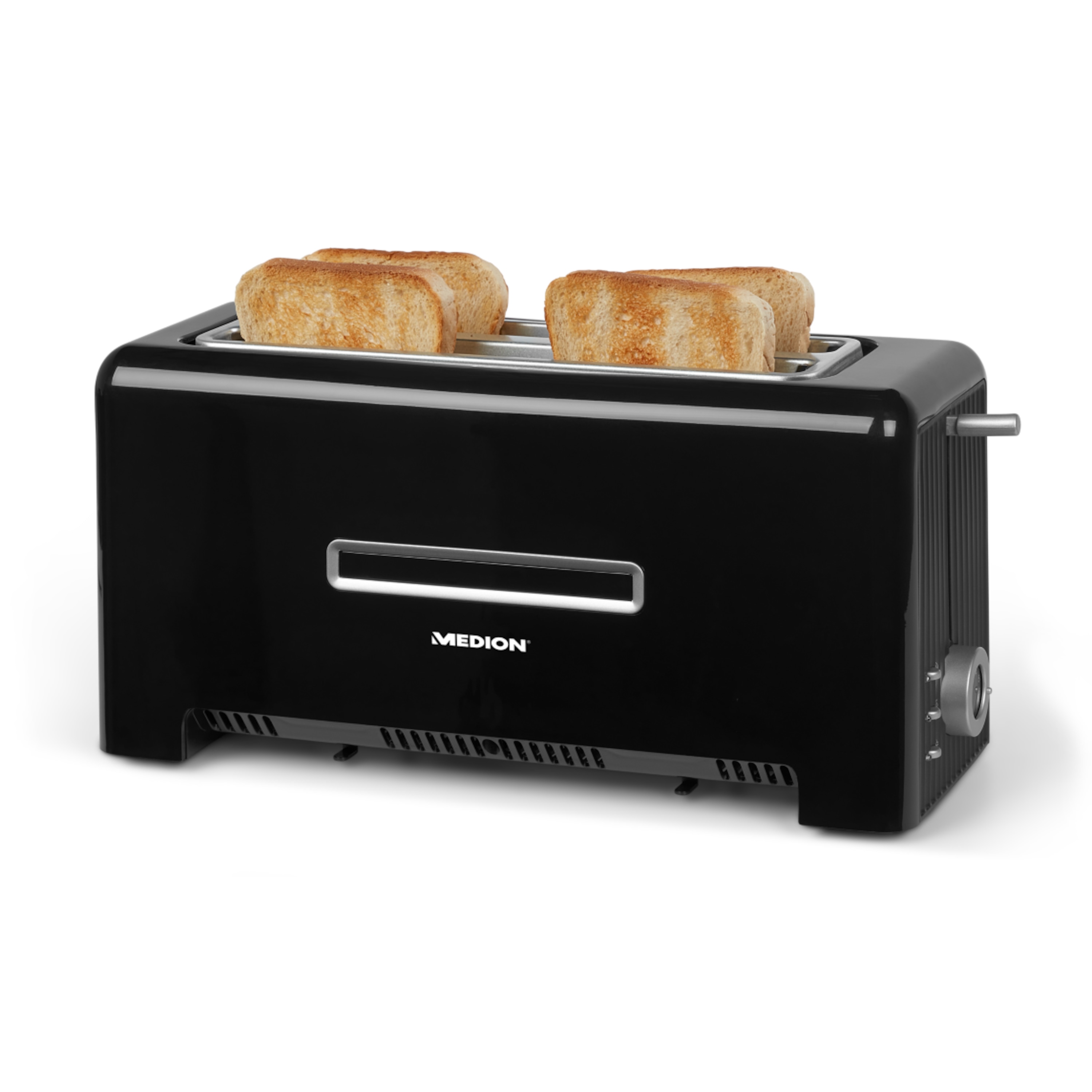 MEDION® Toaster MD 15709, 1.200 bis 1.400 Watt, zwei Langschlitze, Aufwärm-, Auftau- und Stopptaste, Bräunungsgrad-Regler