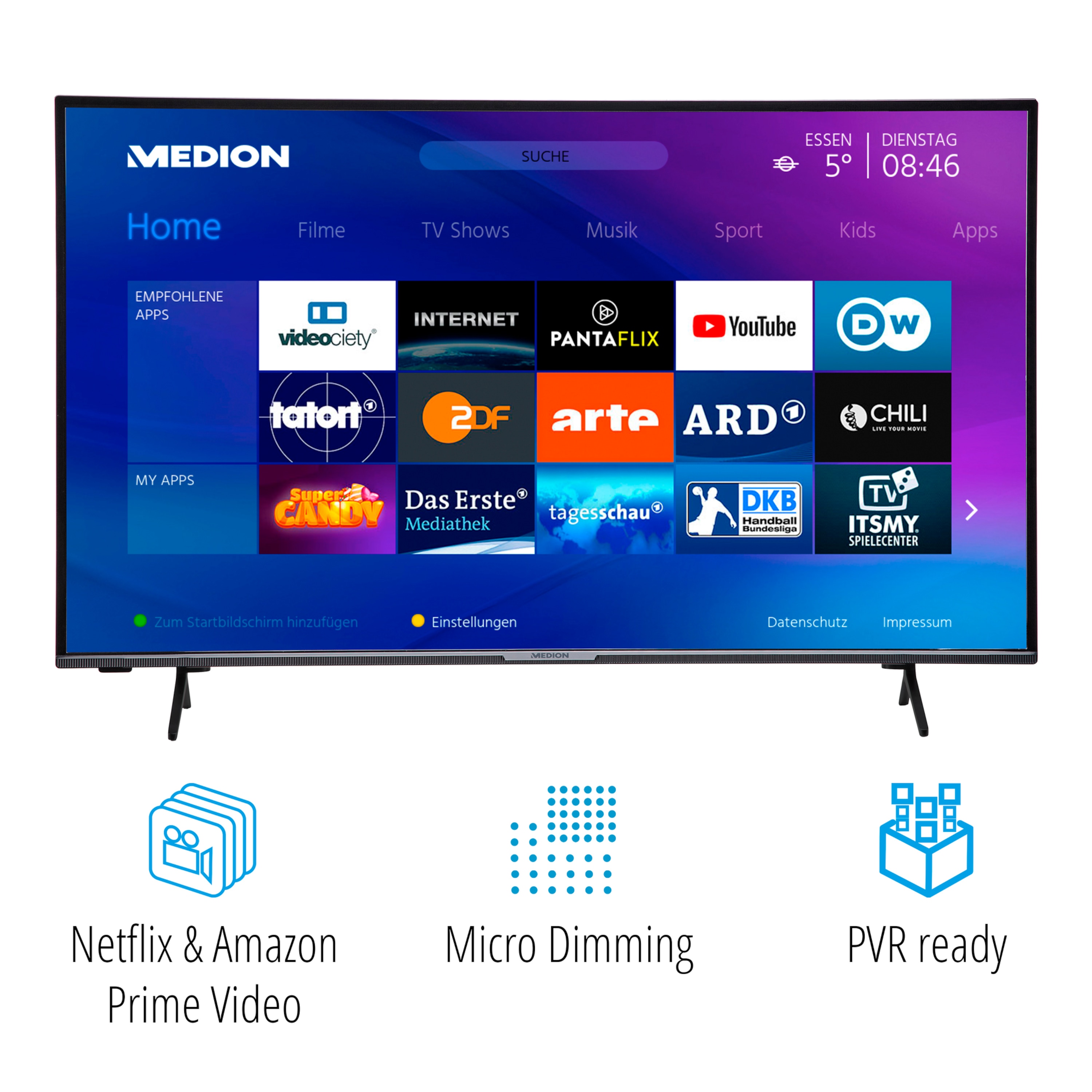 MEDION® LIFE® X15012 (MD 31242) 125,7 cm (50'') Ultra HD Smart-TV + P61202 TV-Soundbar mit Bluetooth® - ARTIKELSET
