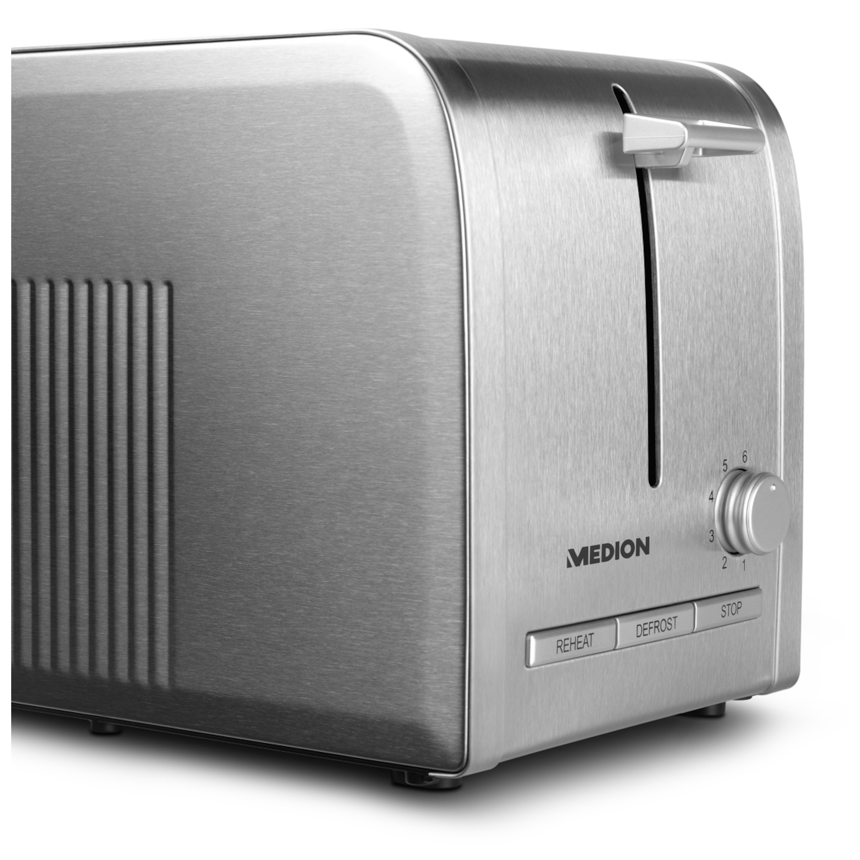 MEDION® Edelstahl-Toaster MD 16232, Edelstahlgehäuse, 870 Watt, Aufwärm-, Auftau- und Stopptaste, Bräunungsgrad-Regler