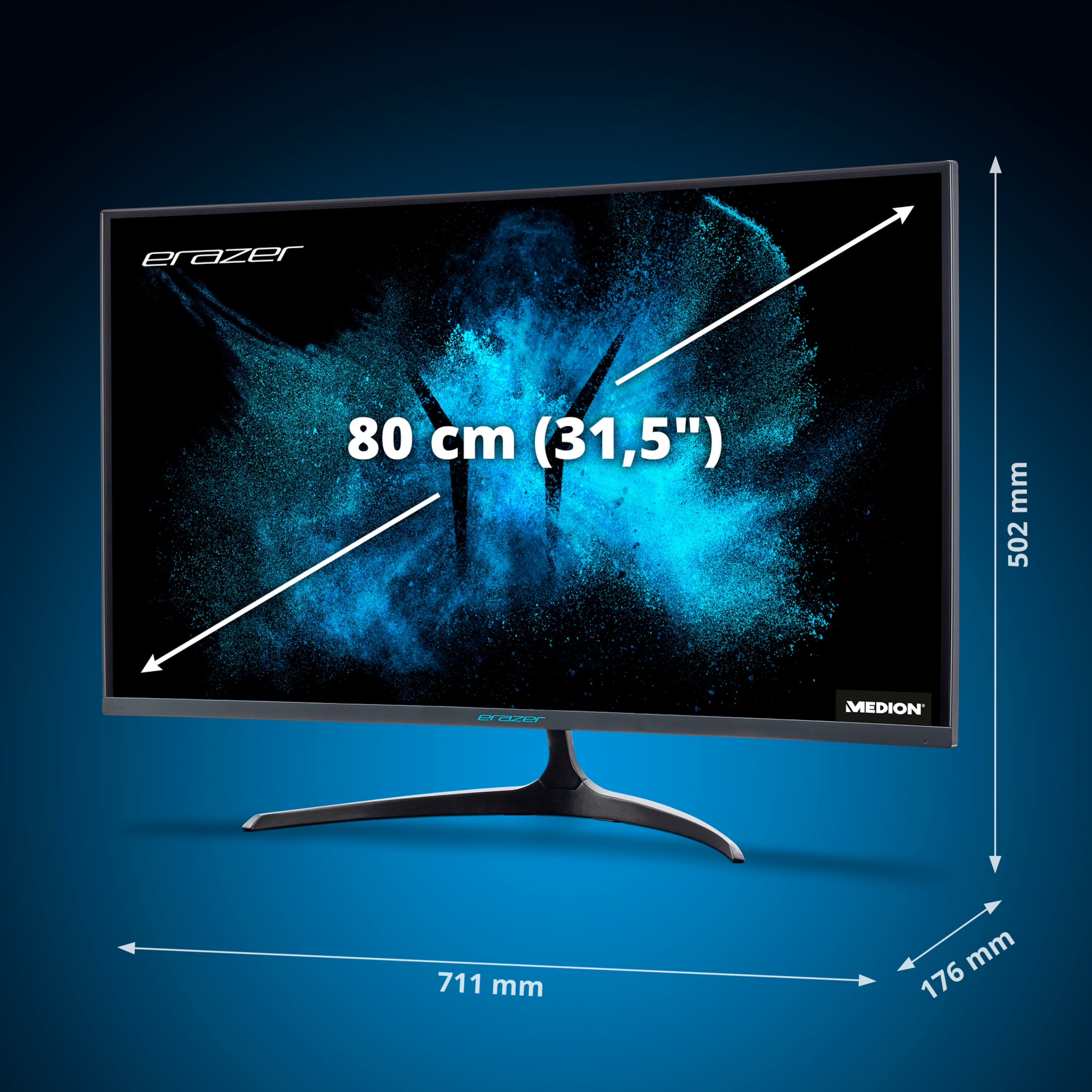 MEDION® ERAZER® X53275 Curved Widescreen Monitor, 80cm (31,5''), QHD Display, 144Hz, HDMI® Anschluss und DisplayPort