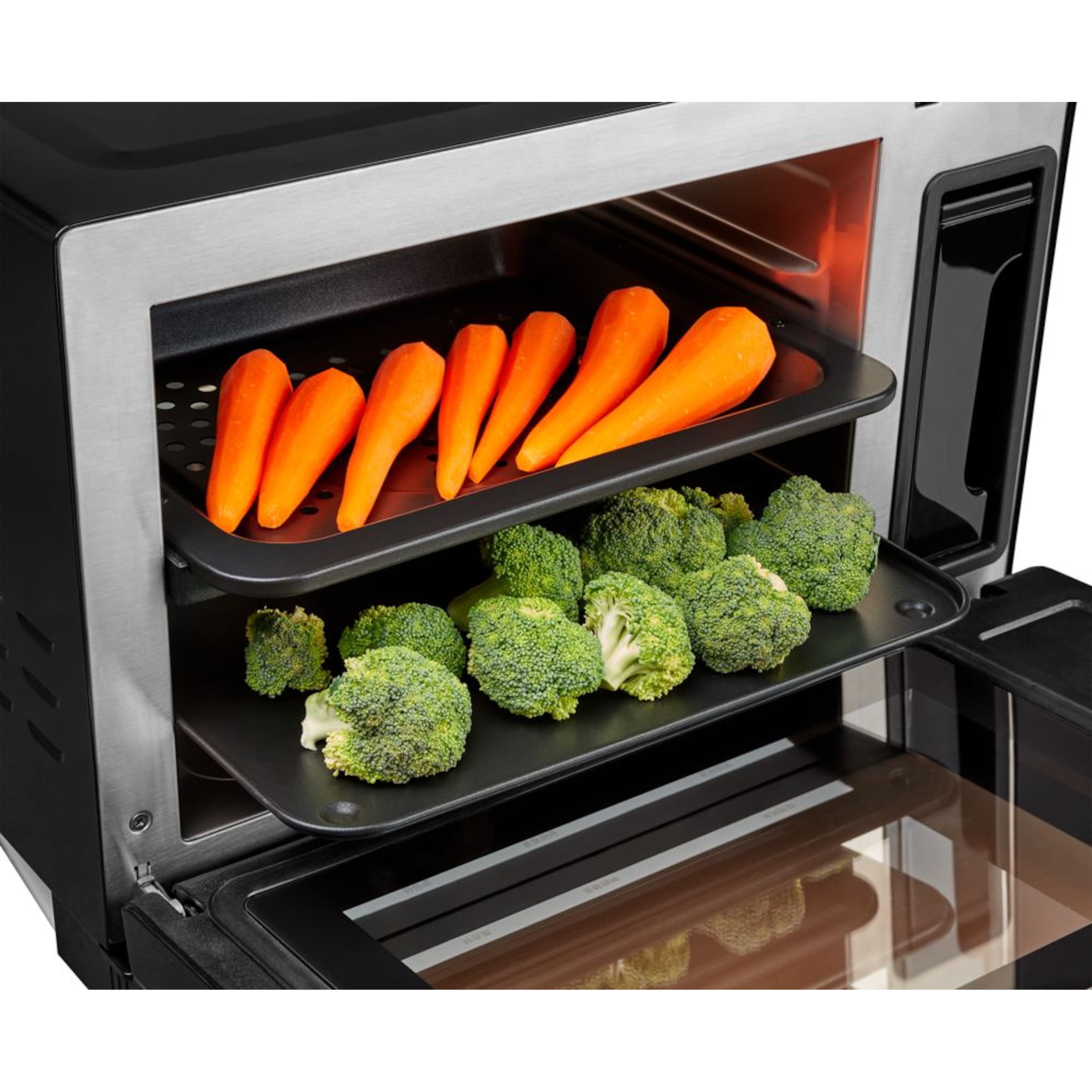 ECOM_MEDION_HW_MD18300_Dampfgarofen_Front_Side_Left_offen_mit_Essen