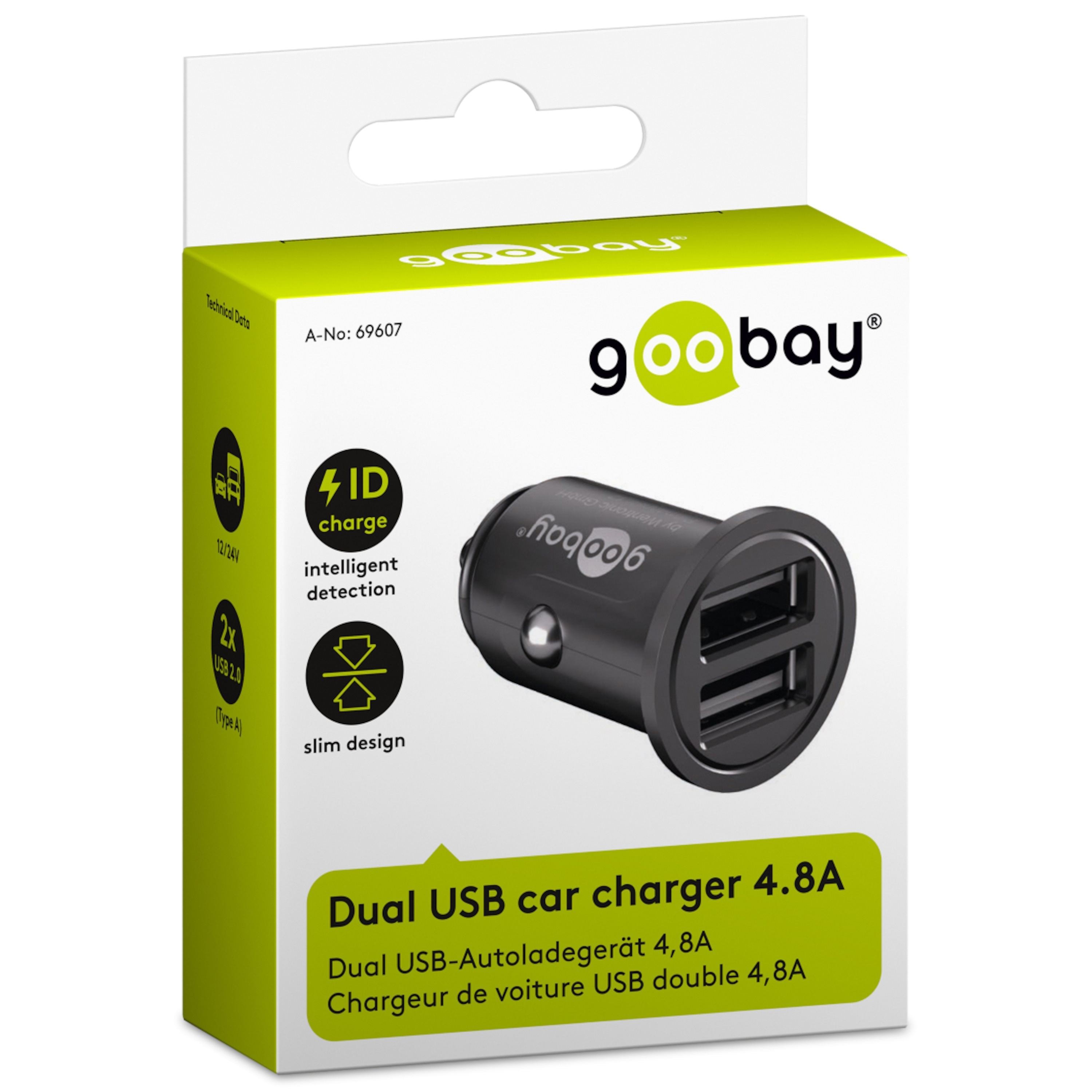 GOOBAY goobay® Dual USB-Autoladegerät 4,8 A, kompakte Stromversorgung für Handys und Kleingeräte, mit ID Chip, Ladecontroller
