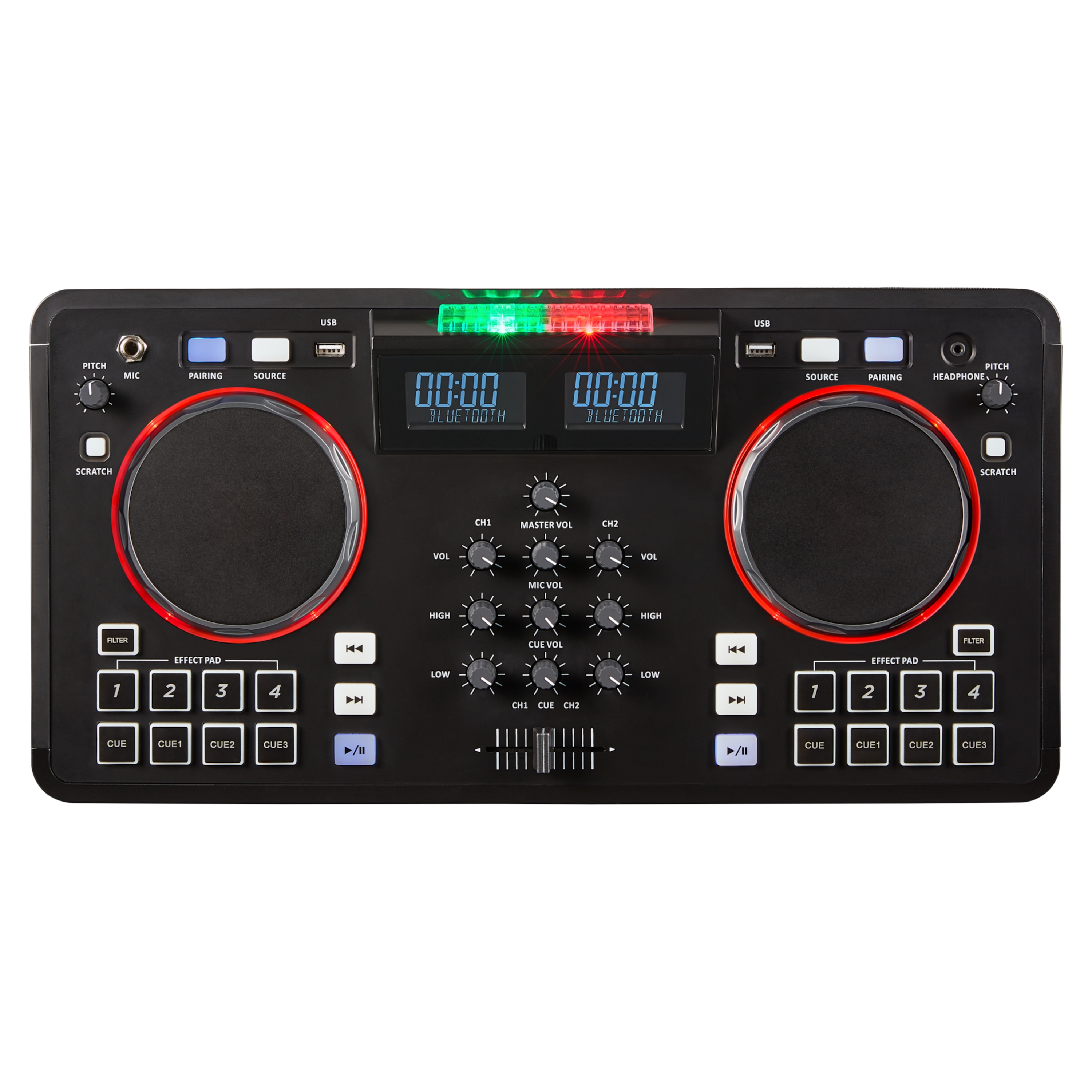 MEDION® LIFE® X61420 Partylautsprecher mit DJ-Controller, 2 LC-Displays, mit 8 multifunktionellen, beleuchtete Performance-Pads pro Deck, LED-Lichteffekte, einfach zu transportieren, 2 x 20 W RMS