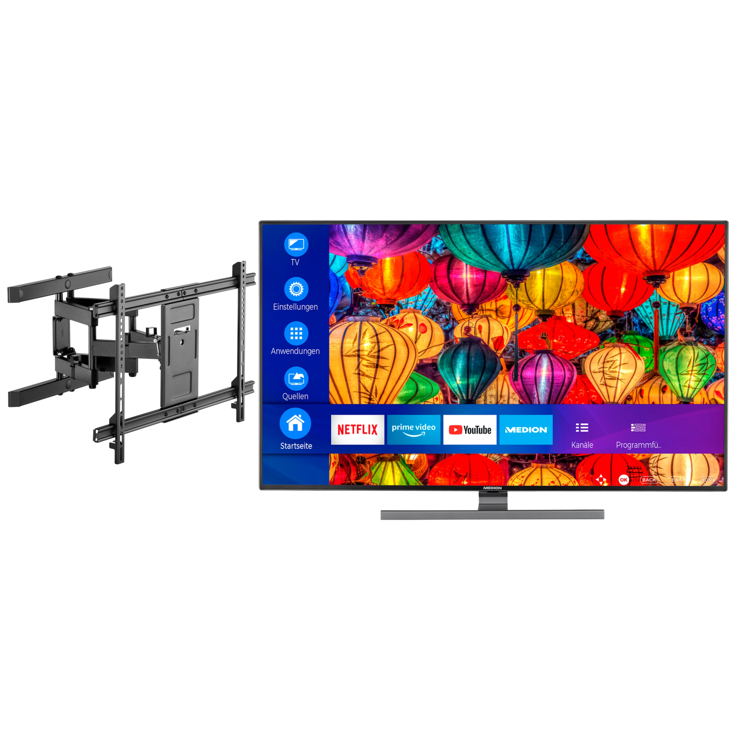 MEDION® LIFE® S16565 Smart-TV, 163,8 cm (65'') Ultra HD Fernseher, inkl. schwenkbarer Wandhalterung Pro - ARTIKELSET