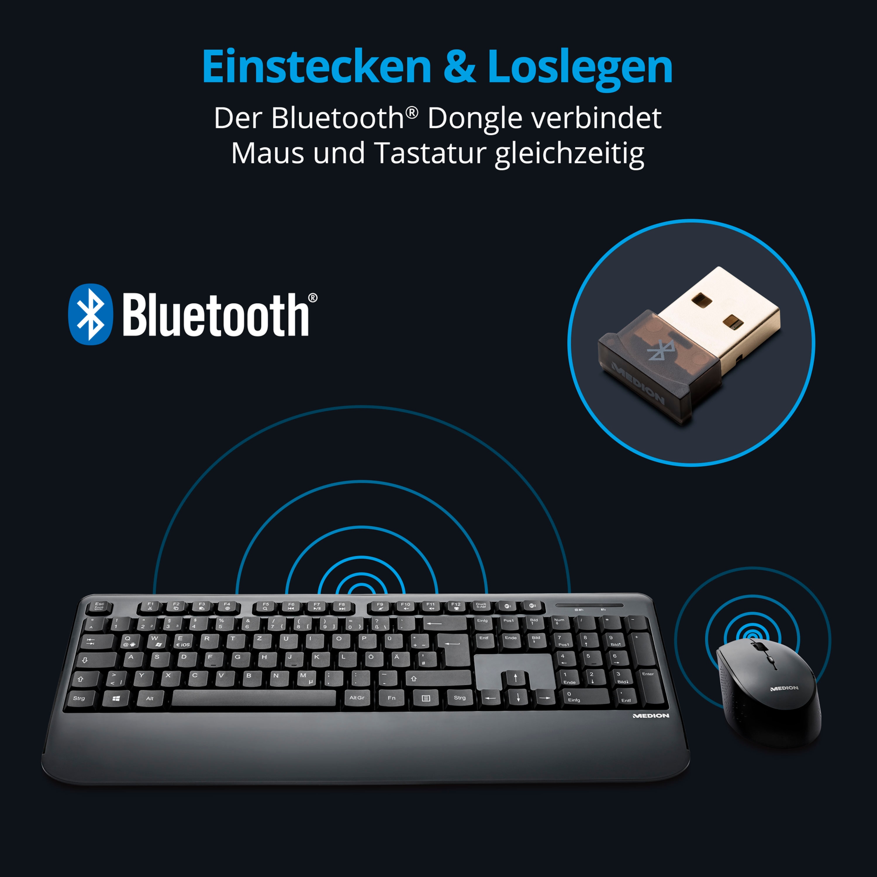 MEDION® LIFE® E81114 Bluetooth® Tastatur Maus Set, kabelloses Tastatur-/Mausset, einfache und schnelle Einrichtung, ergonomisch, elegantes und schlankes Design