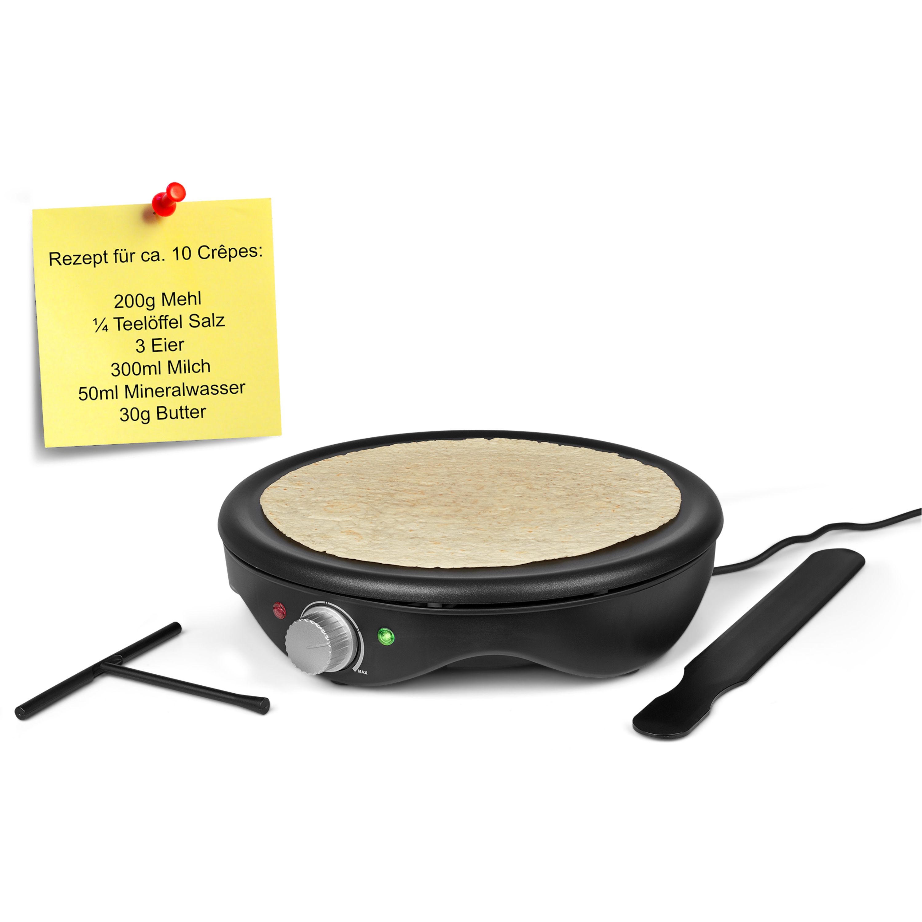 MEDION® Crêpes Maker, MD 17204, 1.500 Watt, antihaftbeschichtete 38 cm Backplatte, stufenlose Temperaturregulierung