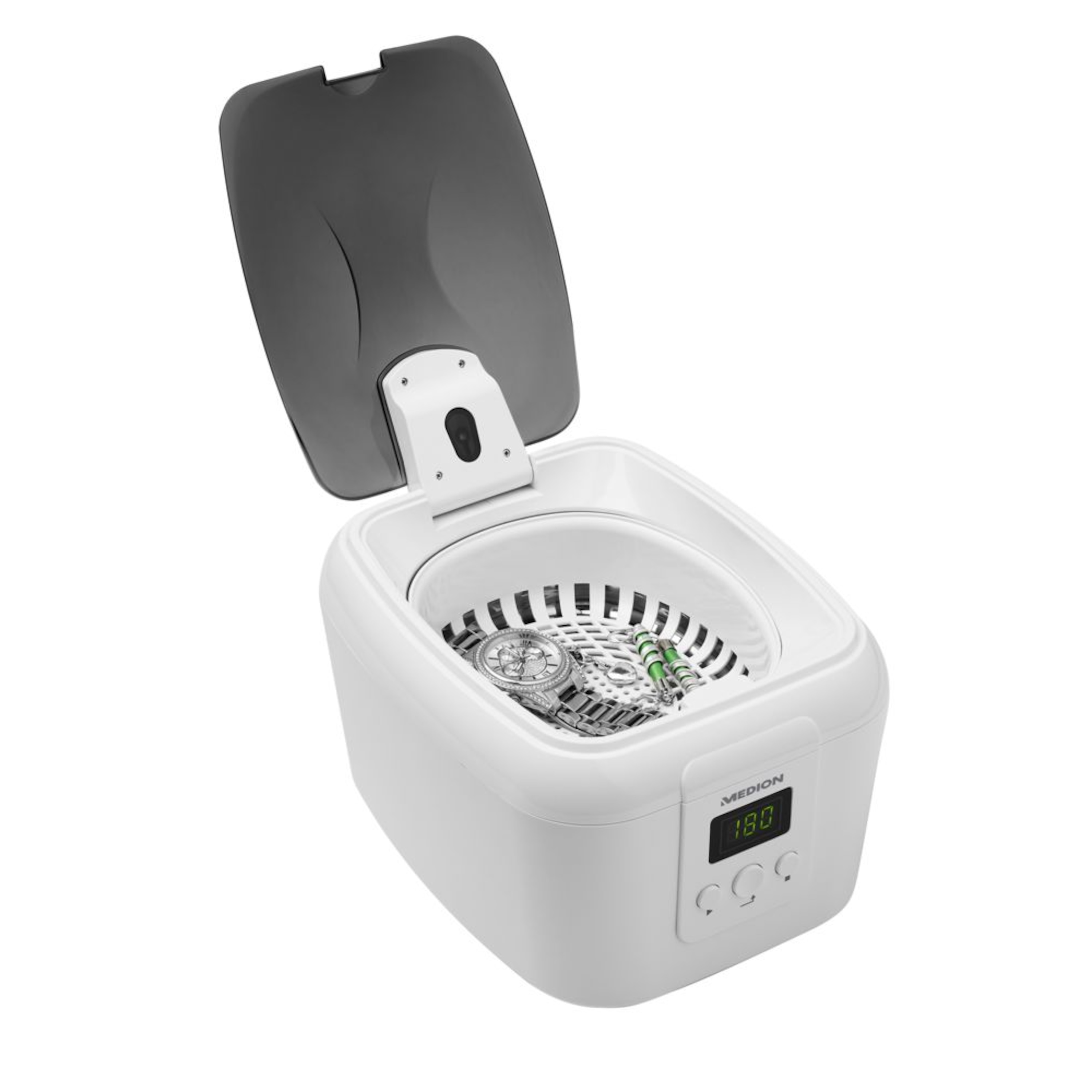 ECOM_MEDION_HW_MD18061_Ultraschall_Reiniger_Front_Side_left_offen_MEDION_Brand
