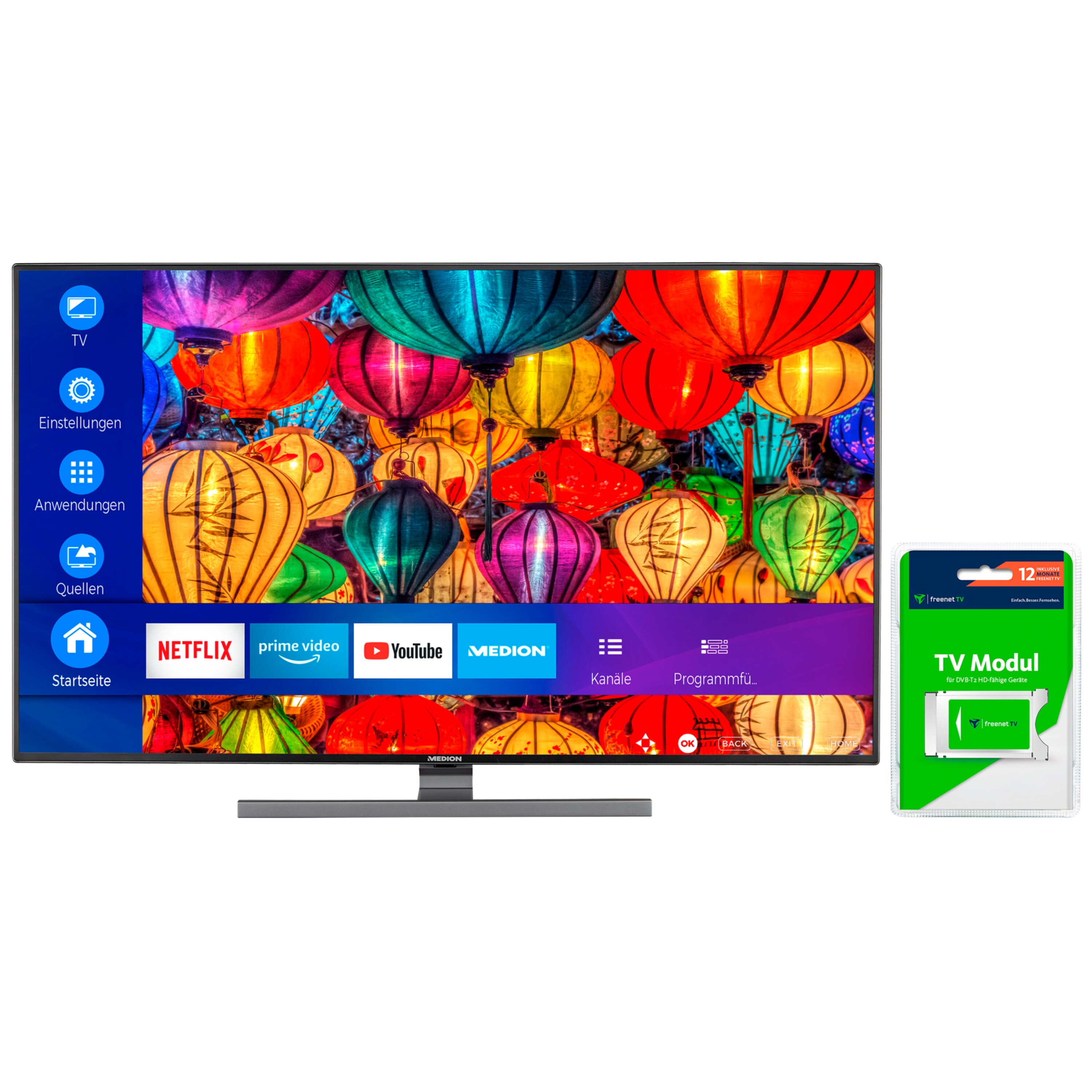MEDION® LIFE® S16565 Smart-TV, 163,8 cm (65'') Ultra HD Fernseher, inkl. DVB-T 2 HD Modul (12 Monate freenet TV gratis) - ARTIKELSET