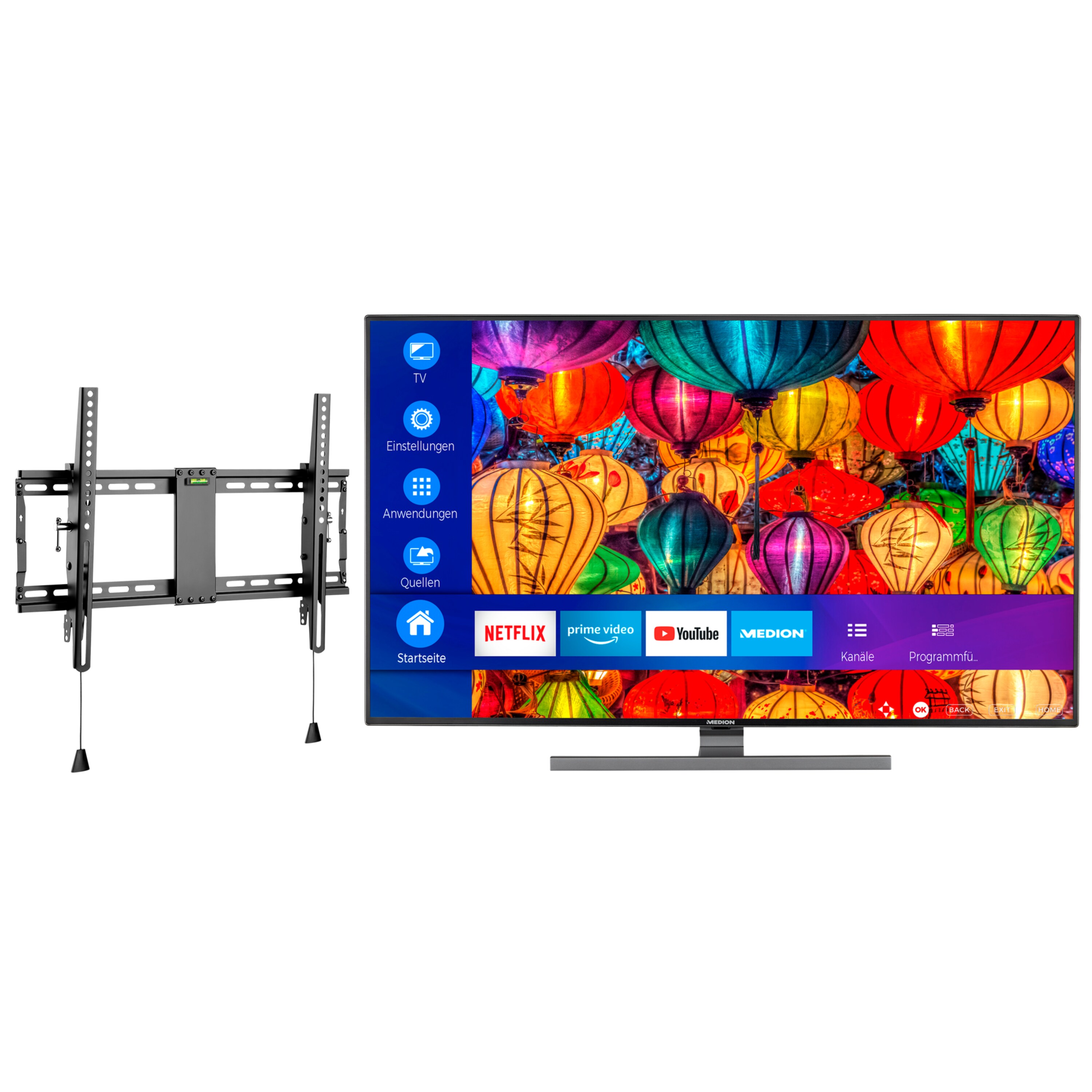 MEDION® LIFE® S16565 Smart-TV, 163,8 cm (65'') Ultra HD Fernseher, inkl. kippbarer Wandhalterung Pro - ARTIKELSET