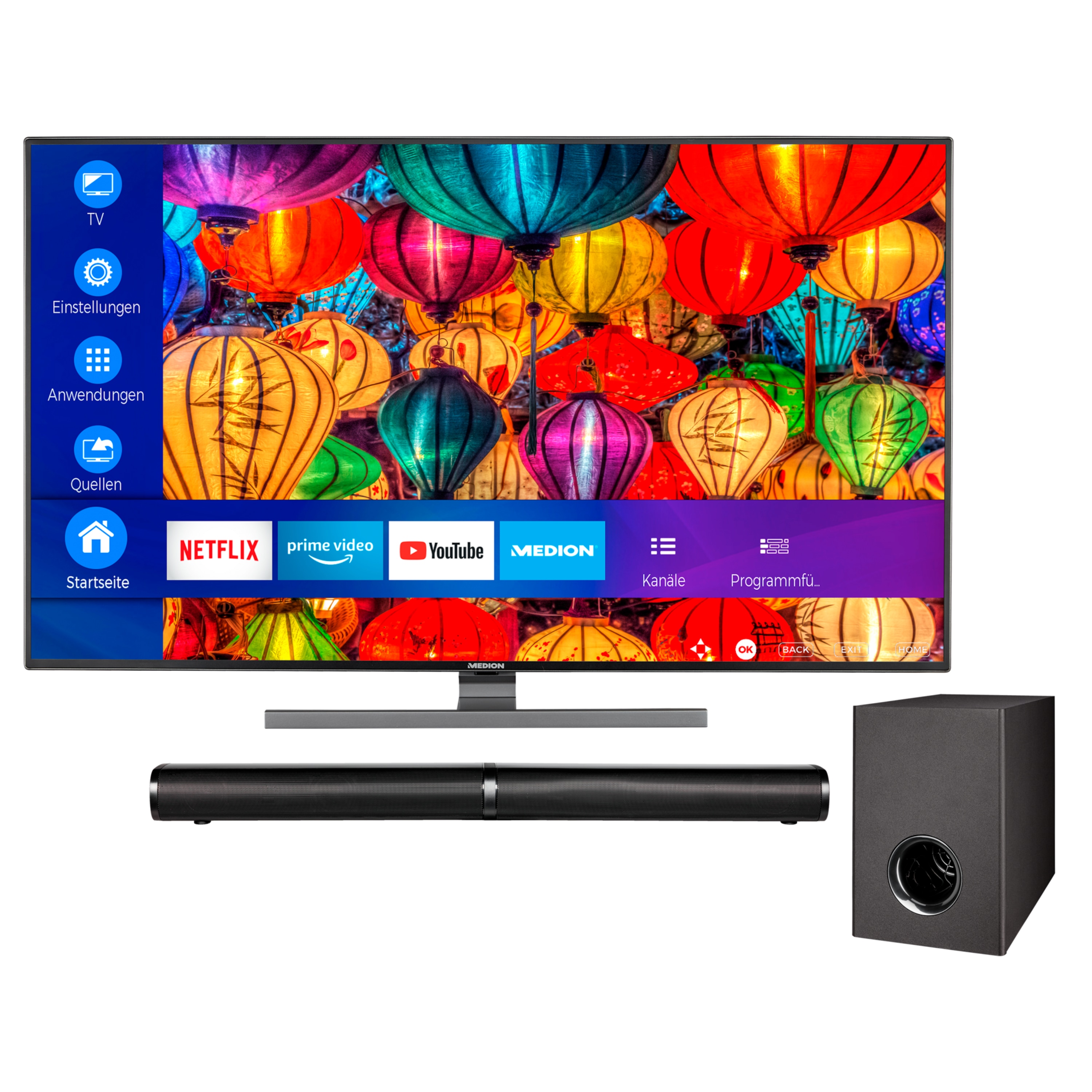 MEDION® LIFE® S16565 Smart-TV, 163,8 cm (65'') Ultra HD Fernseher, inkl. LIFE® P61220 TV-Soundbar mit Subwoofer - ARTIKELSET