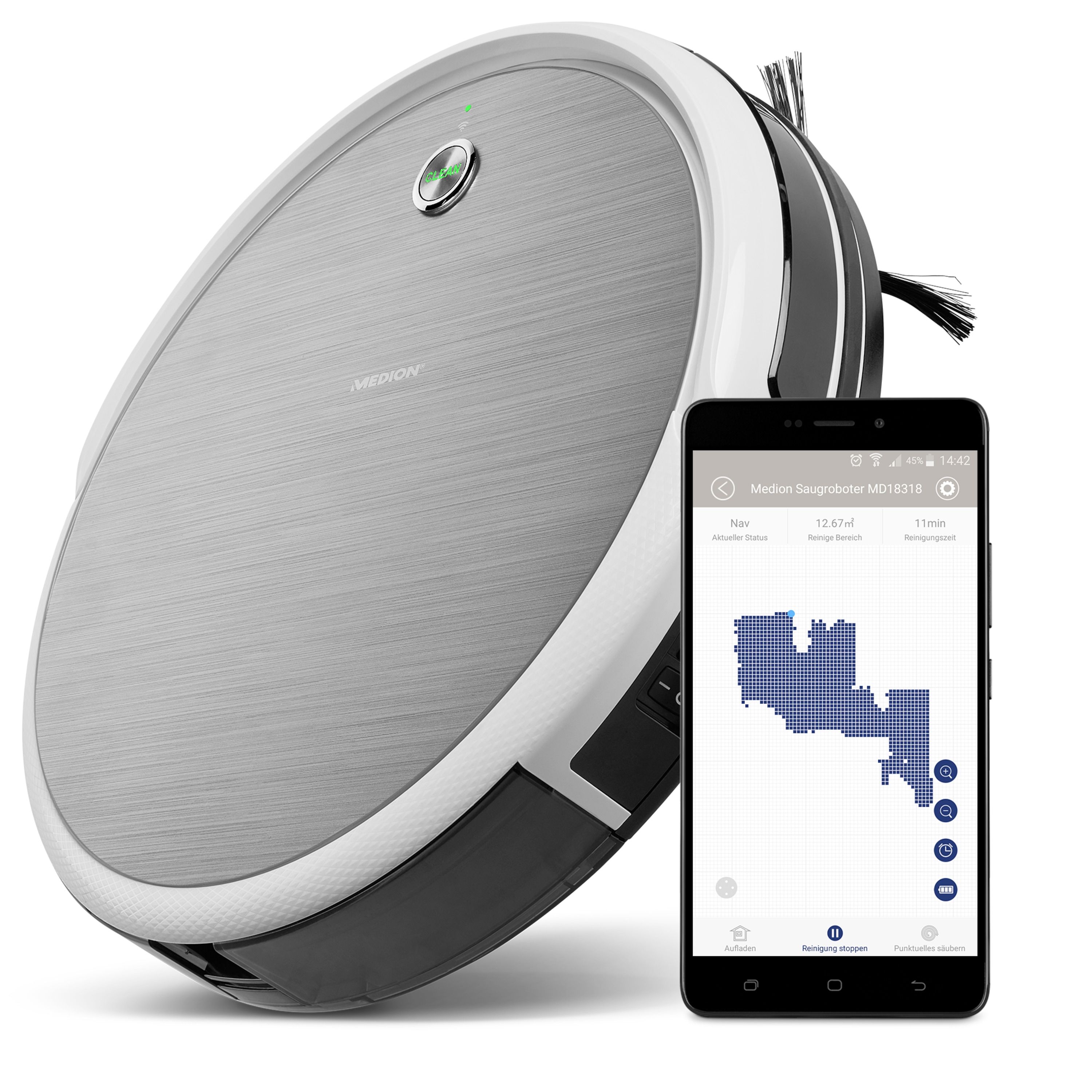 MEDION® Saugroboter MD 18318, intelligente Navigation, bequeme Steuerung per Smartphone oder Tablet, programmierbarer Reinigungsplan, bis zu 100 Min Laufzeit