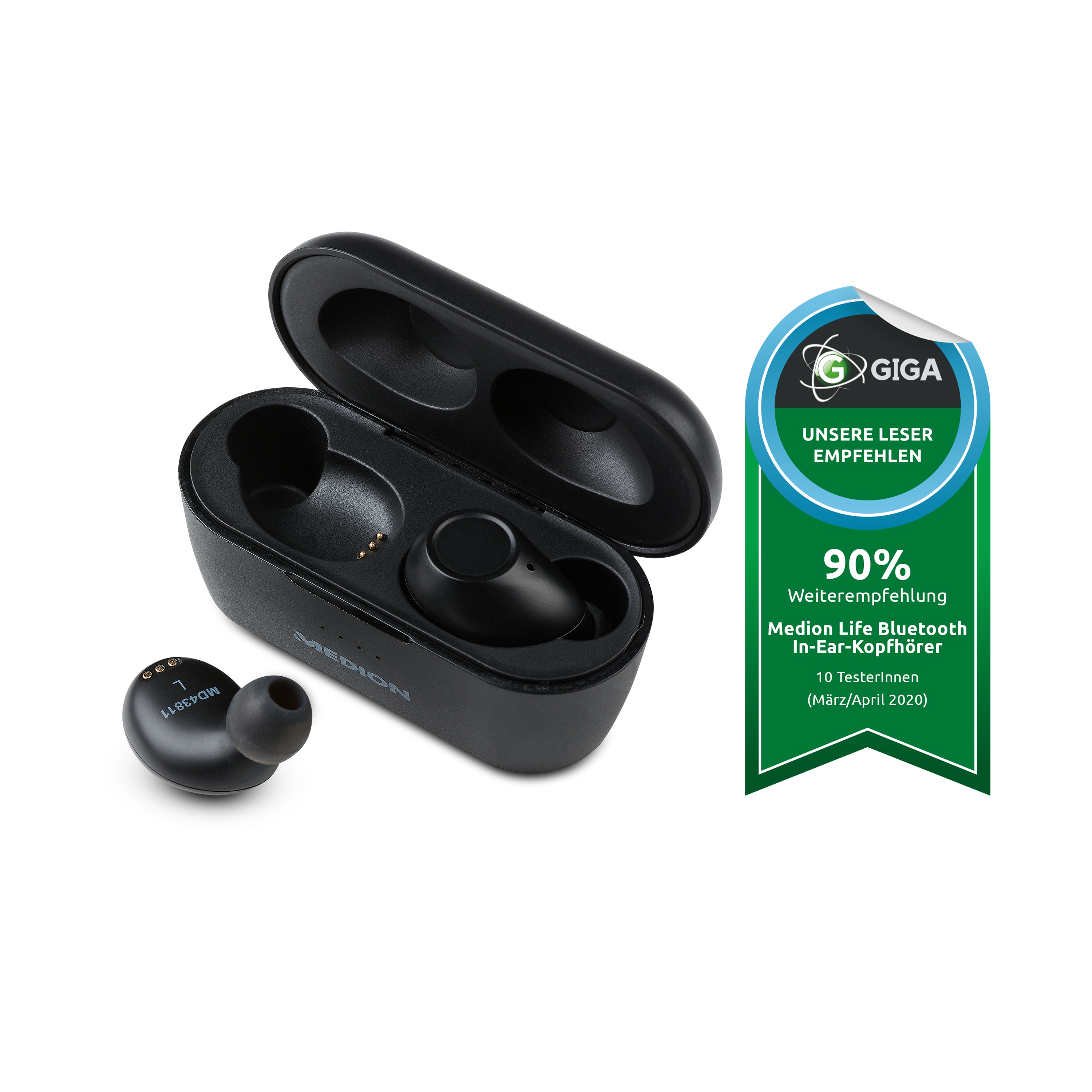 MEDION® LIFE® S62010 True Wireless Stereo Bluetooth® In-Ear-Kopfhörer, kabellos, IPX4-spritzwassergeschützt, Bluetooth® 5.0, Freisprechfunktion, kompaktes Ladeetui
