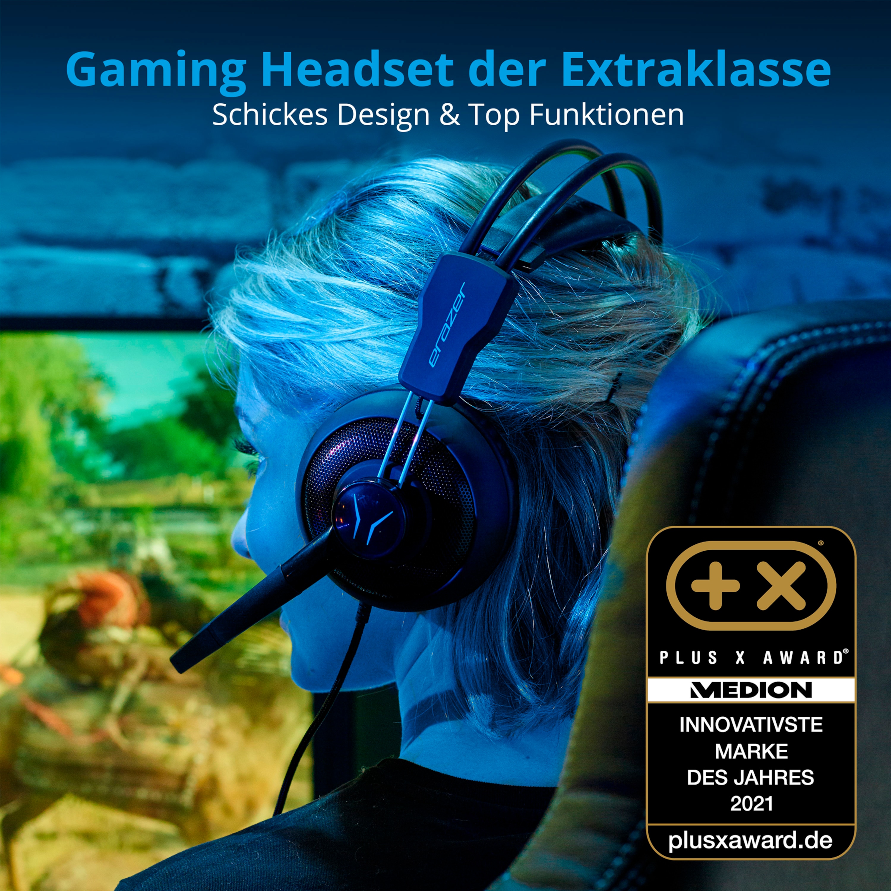 MEDION® ERAZER Mage P10, Gaming Headset mit überragender Klang- und Lautsprecherqualität, leistungsstarker Bass, Mikrofon, Lautstärkeregelung über Kabelfernbedienung