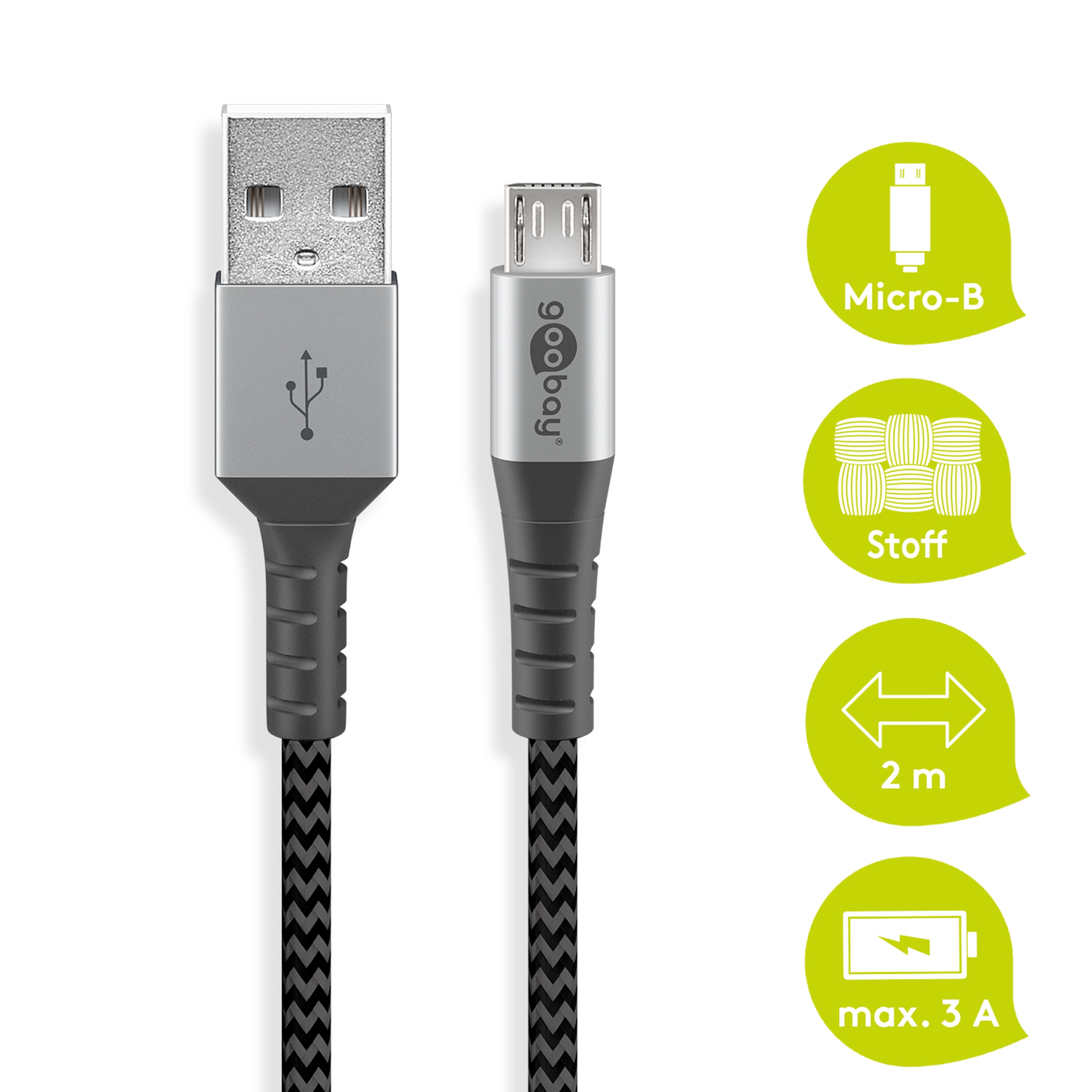 WENTRONIC Micro-USB auf USB-A Kabel, elegantes & robustes Kabel mit Metallsteckern, geflochtenes Textilkabel