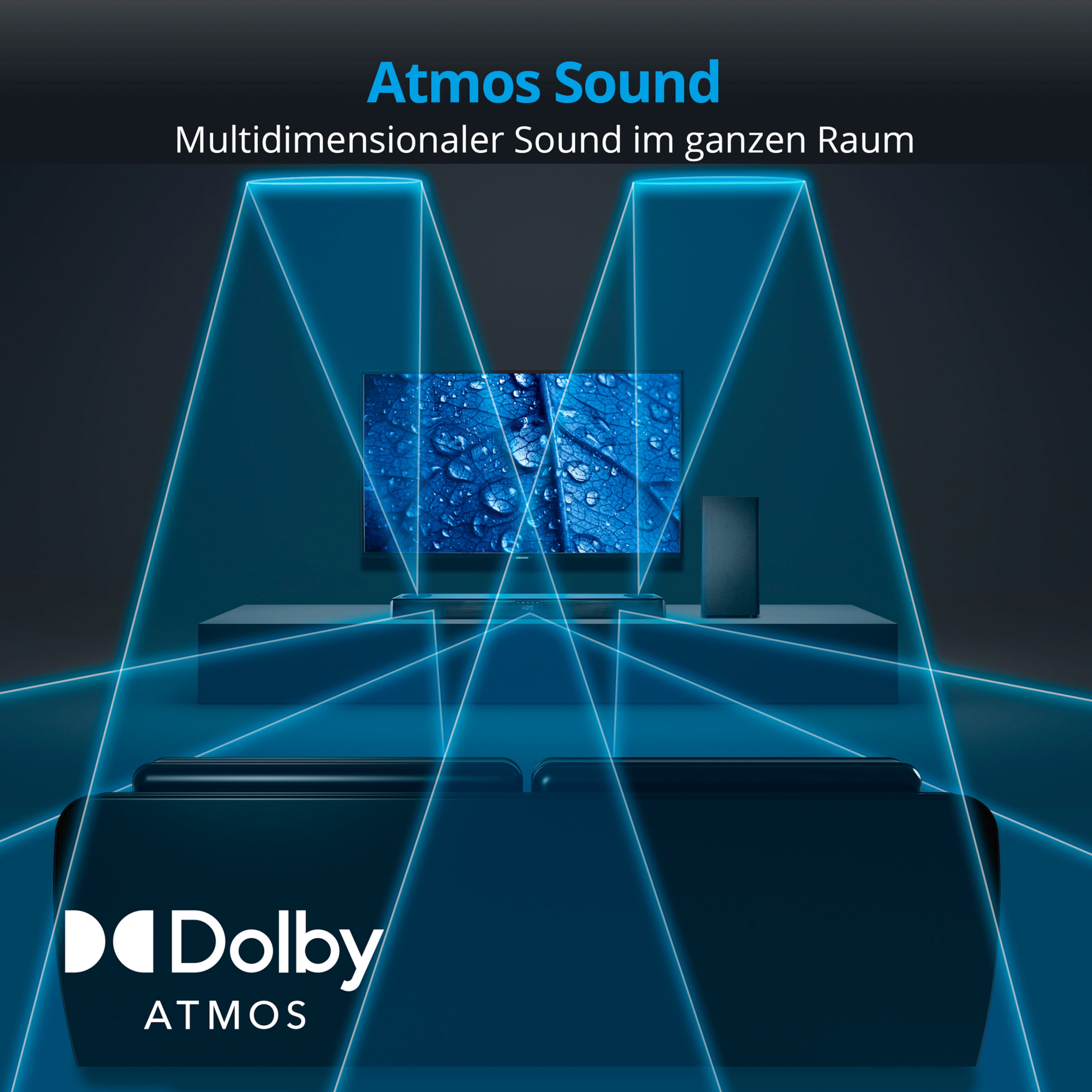 MEDION® LIFE® 3.1.2 Dolby Atmos® Soundbar S61388, Dolby Atmos® Surround Sound, kabelloser Subwoofer, Bluetooth® 5.0