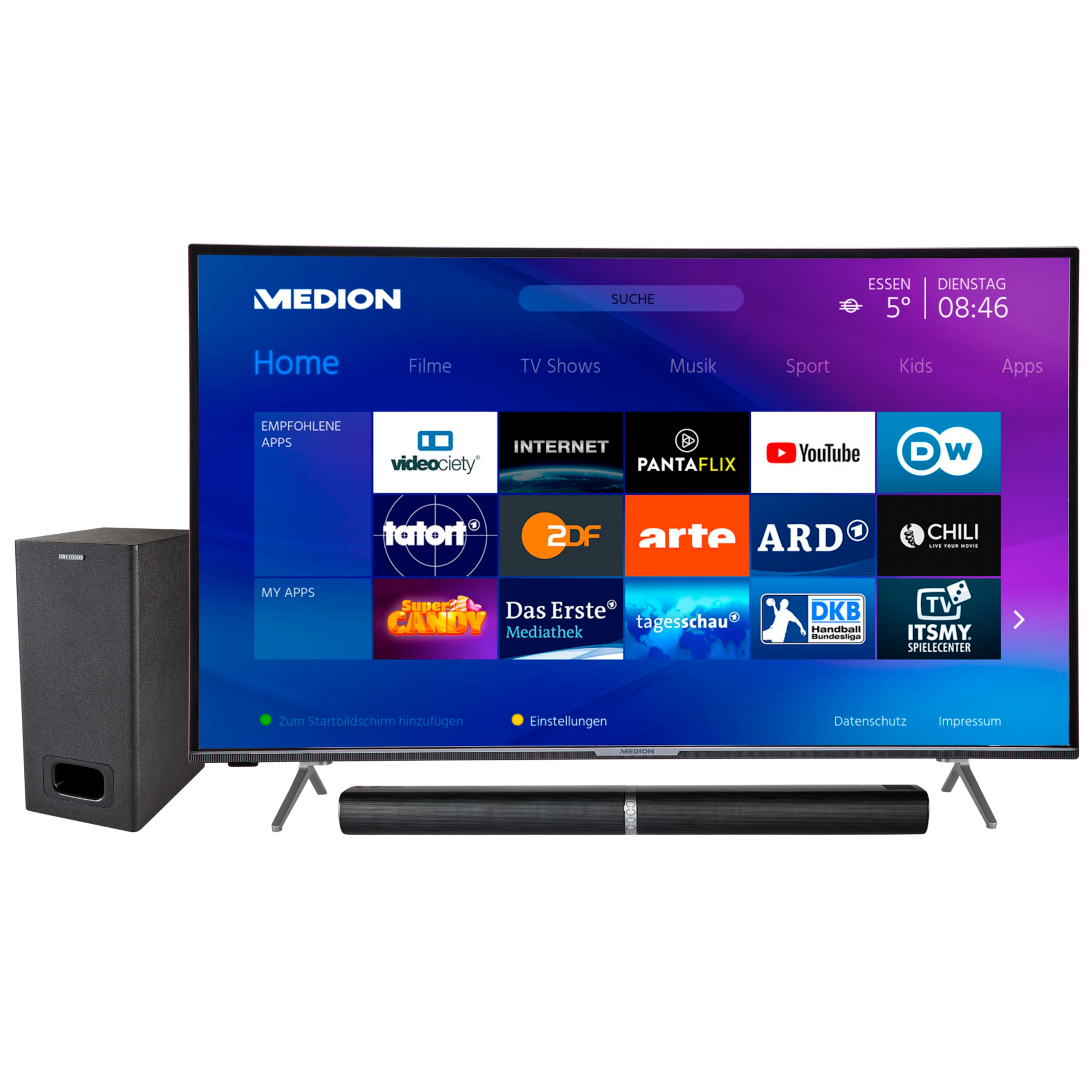 MEDION® LIFE® X14380 Smart-TV, 108 cm (43'') Ultra HD Fernseher, inkl. LIFE® P61220 TV-Soundbar mit Subwoofer - ARTIKELSET