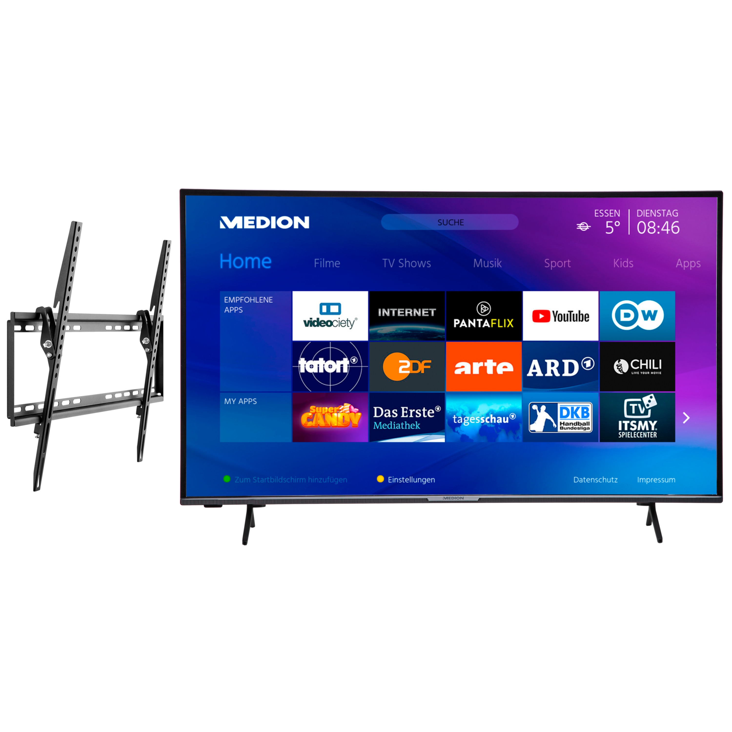 MEDION® LIFE® X15000 Smart-TV, 125,7 cm (50'') Ultra HD Fernseher, inkl. kippbarer Wandhalterung - ARTIKELSET