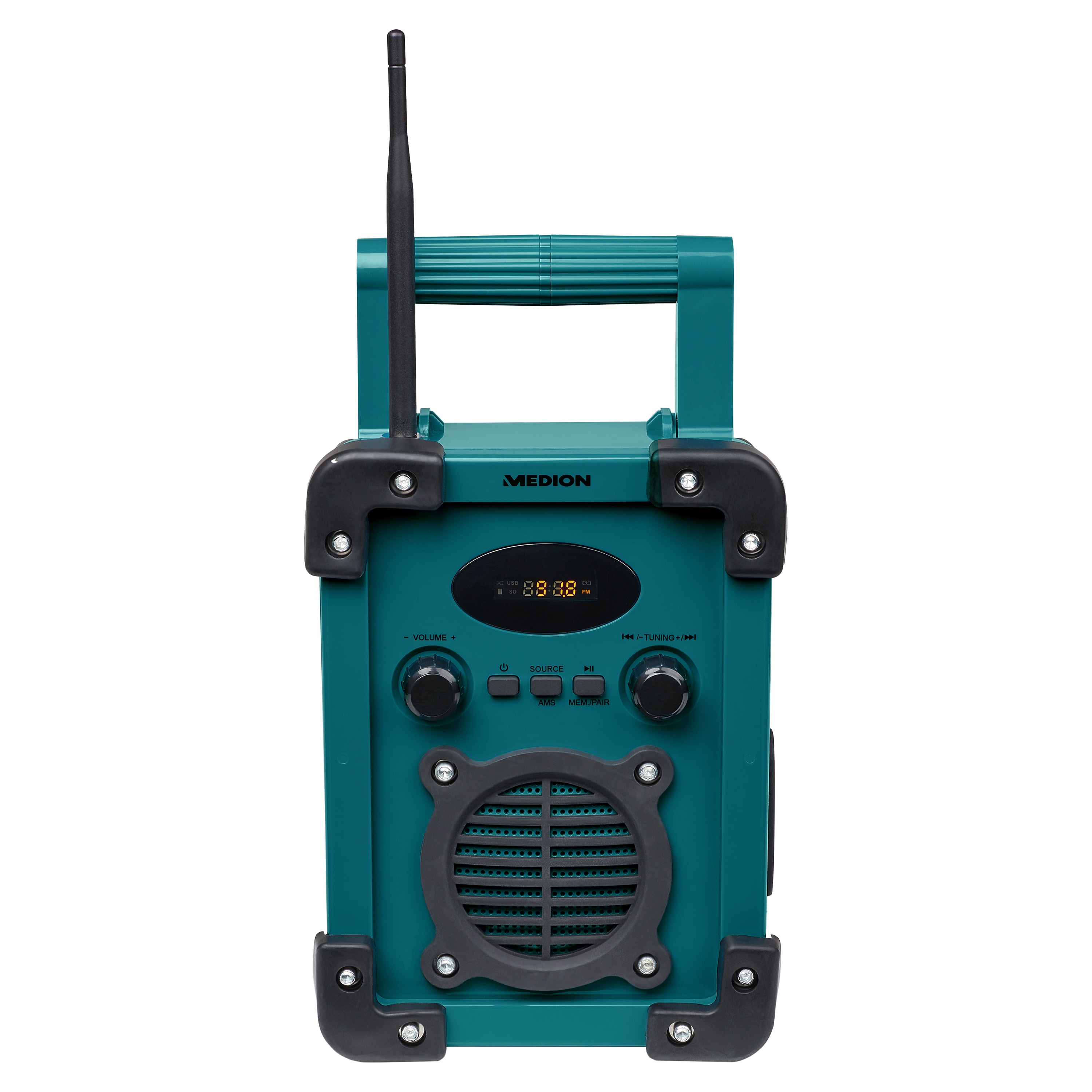 PLL UKW Radio Spritzwassergeschützt LED-Arbeitslicht integrierter Akku IP44 Robustes Gehäuse MEDION P66220 Baustellenradio mit Bluetooth 5.0 