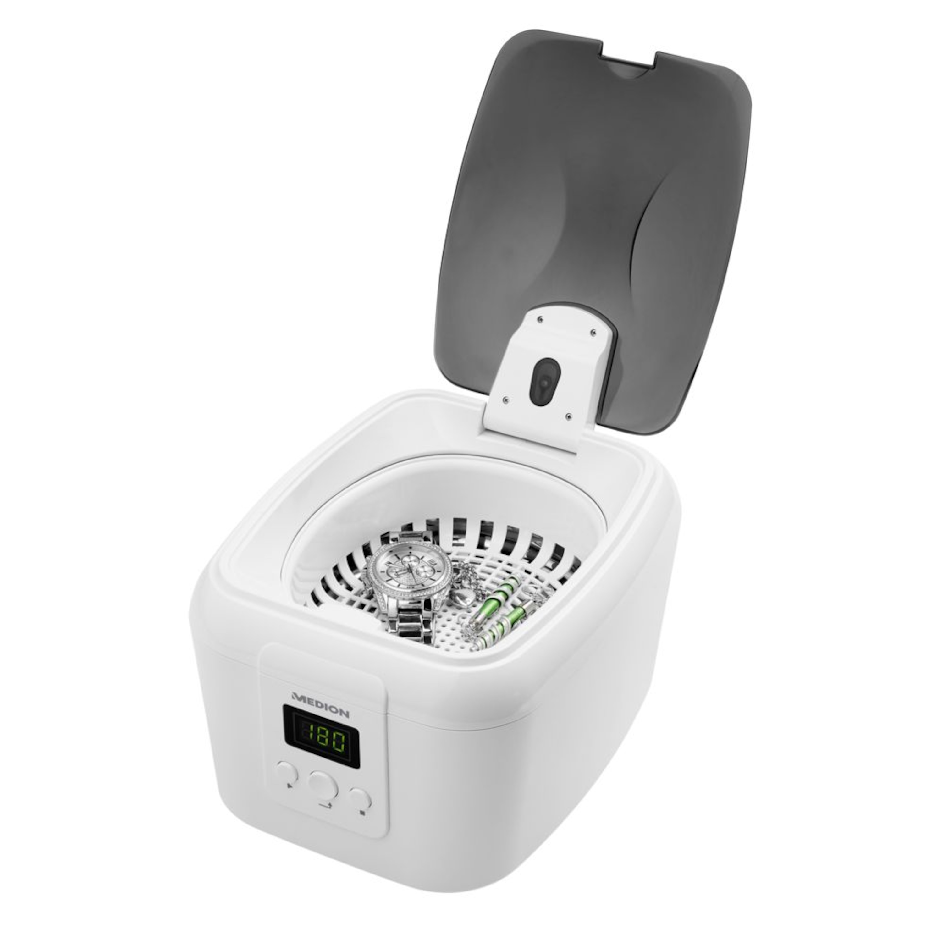 ECOM_MEDION_HW_MD18061_Ultraschall_Reiniger_Front_Side_right_offen_MEDION_Brand
