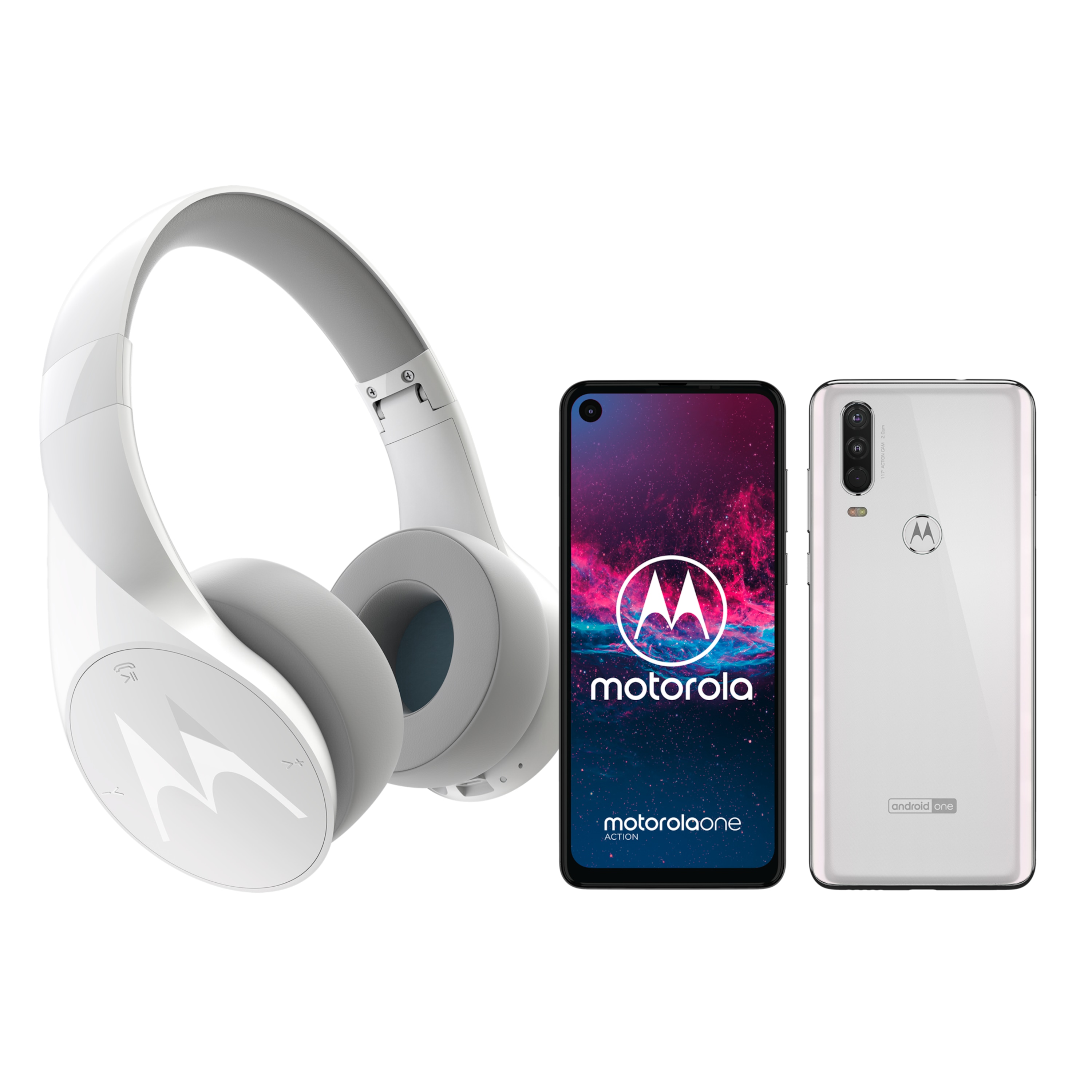 MOTOROLA One Action Smartphone, 16 cm (6,3'') Full HD+ Display, Android™ 9, 128 GB Speicher, Octa-Core-Prozessor, Dual-SIM, LTE, weiß, inkl. MOTOROLA Escape Bluetooth® Kopfhörer