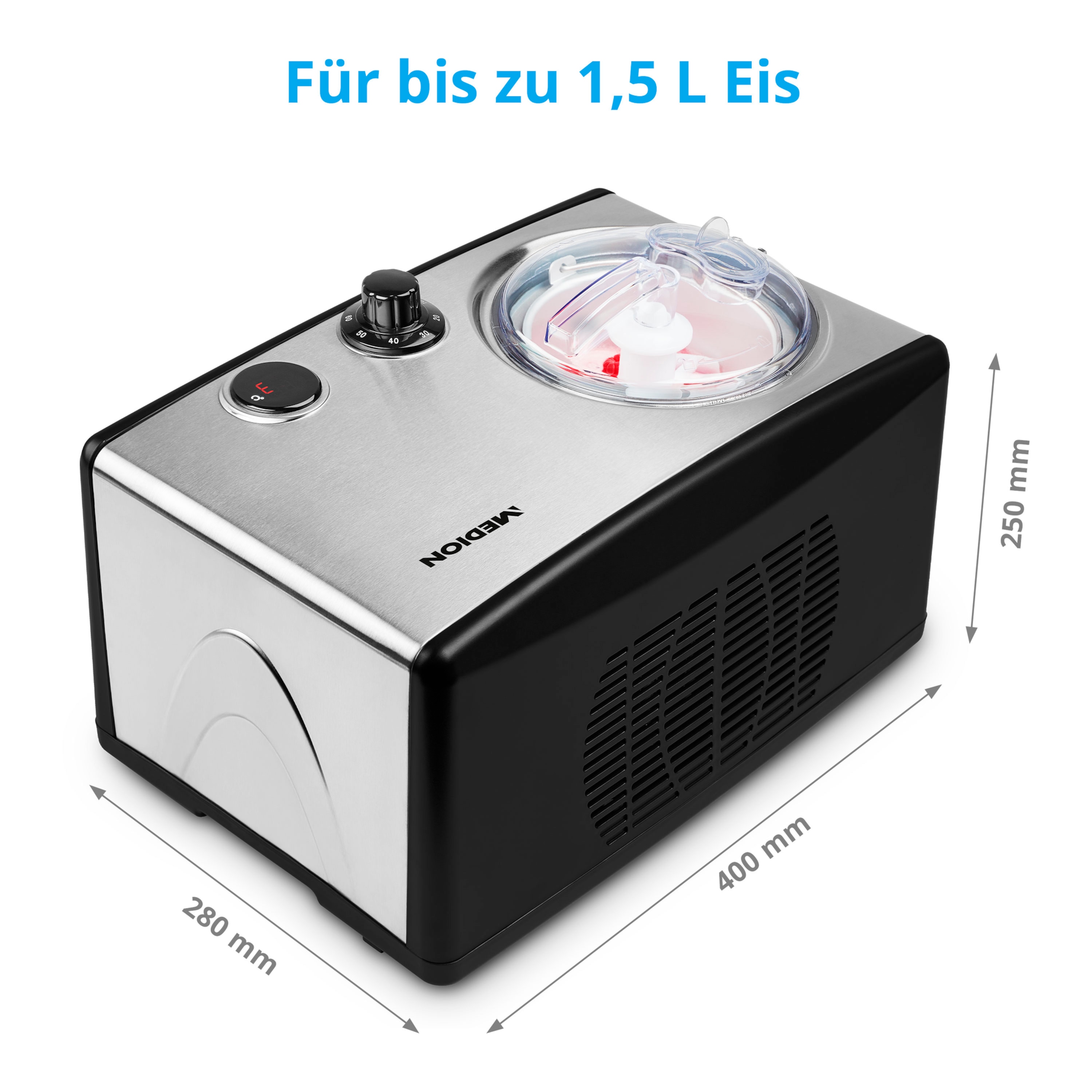 MEDION® Eismaschine   MD 18387, Kapazität für 1,5 L Eis (Füllmenge: 800 ml), selbstkühlend mit Kompressor, geeignet für die Zubereitung von Eiscreme, Frozen Yoghurt & Sorbet