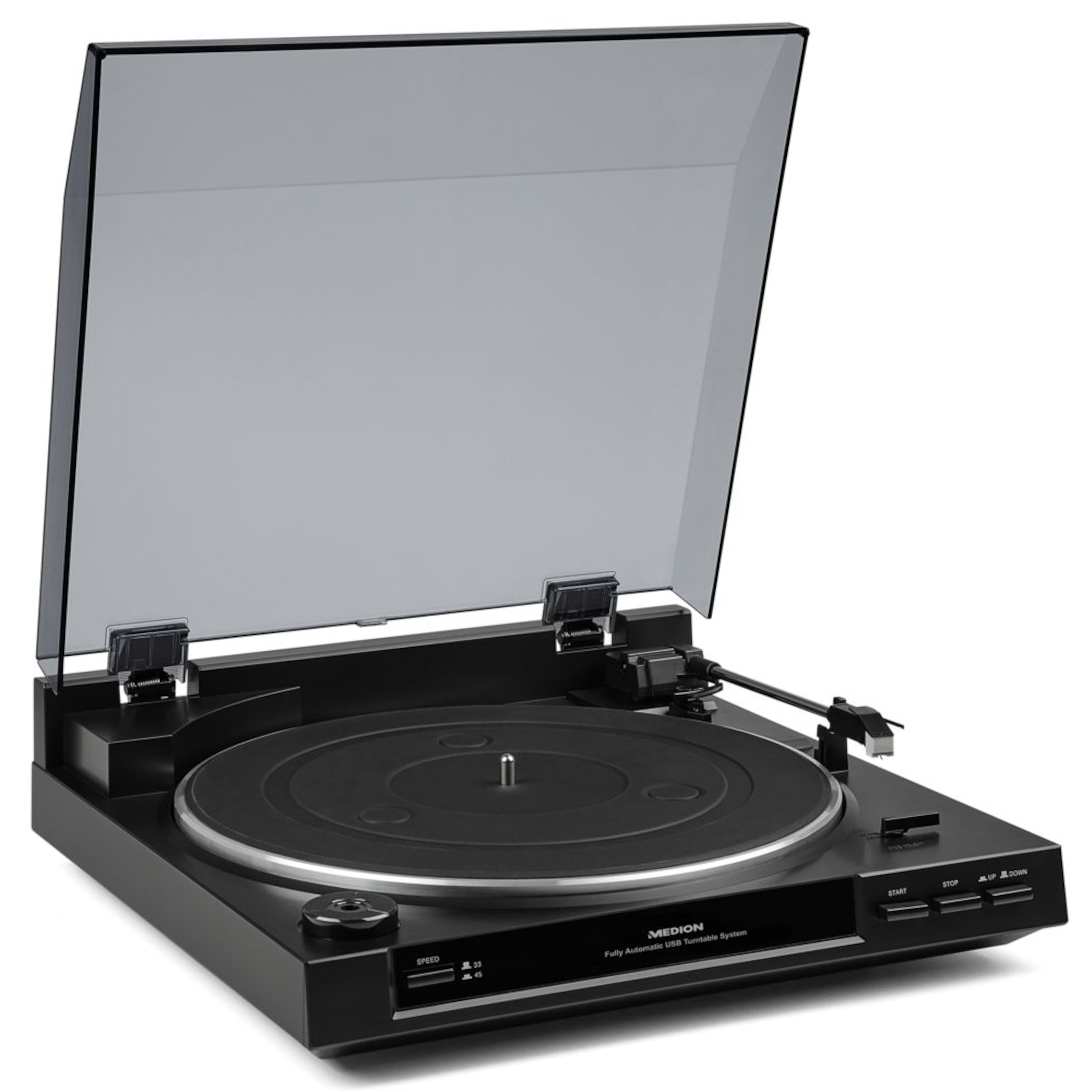 MEDION® DT 210 USB Schallplattenspieler, Hochwertiges Magnet-Tonabnehmer-System, USB-Anschluss zum Digitalisieren von Schallplatten, Eingebauter Phono Vorverstärker
