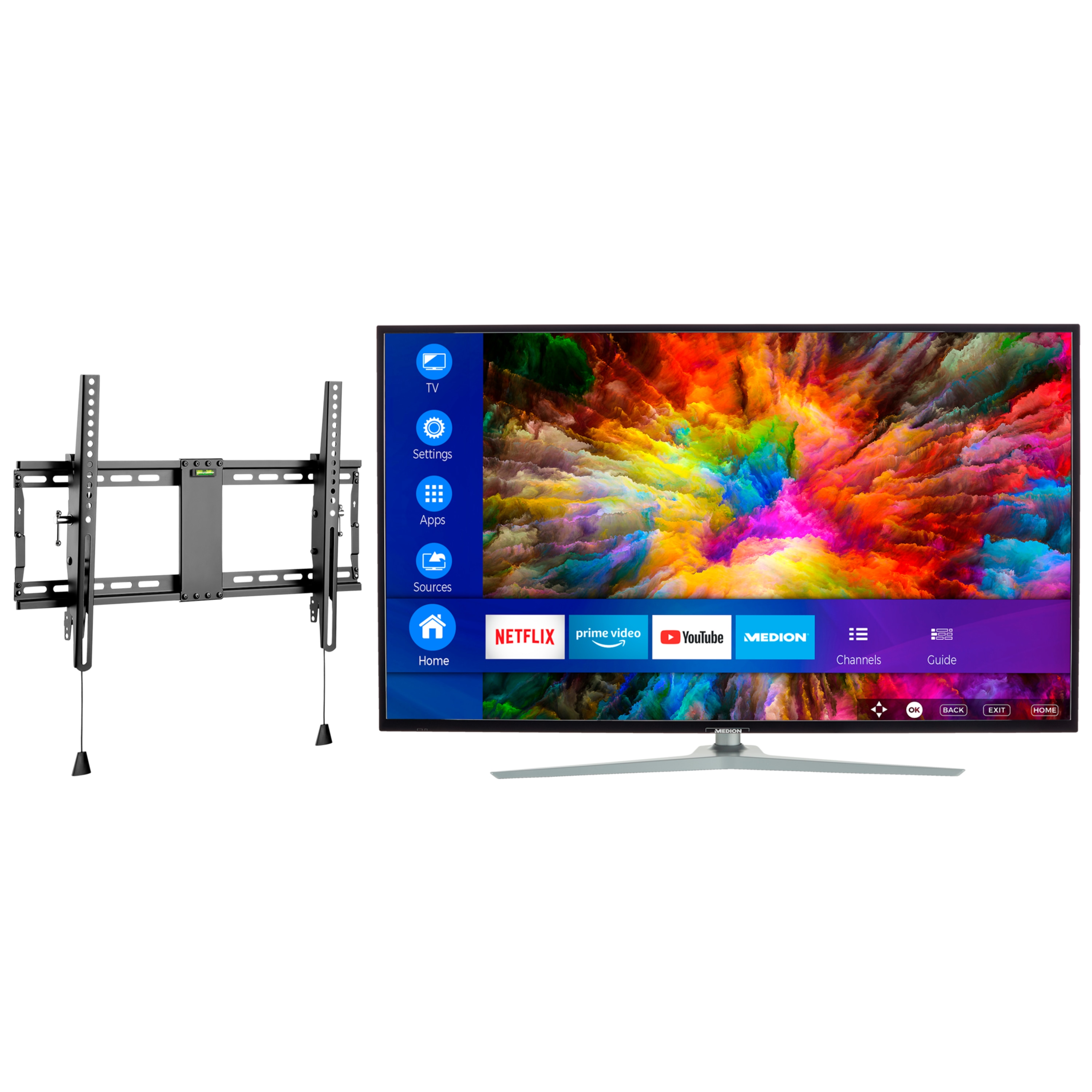 MEDION® LIFE® X16512 Smart-TV, 163,9 cm (65'') Ultra HD Fernseher, inkl. kippbarer Wandhalterung Pro - ARTIKELSET