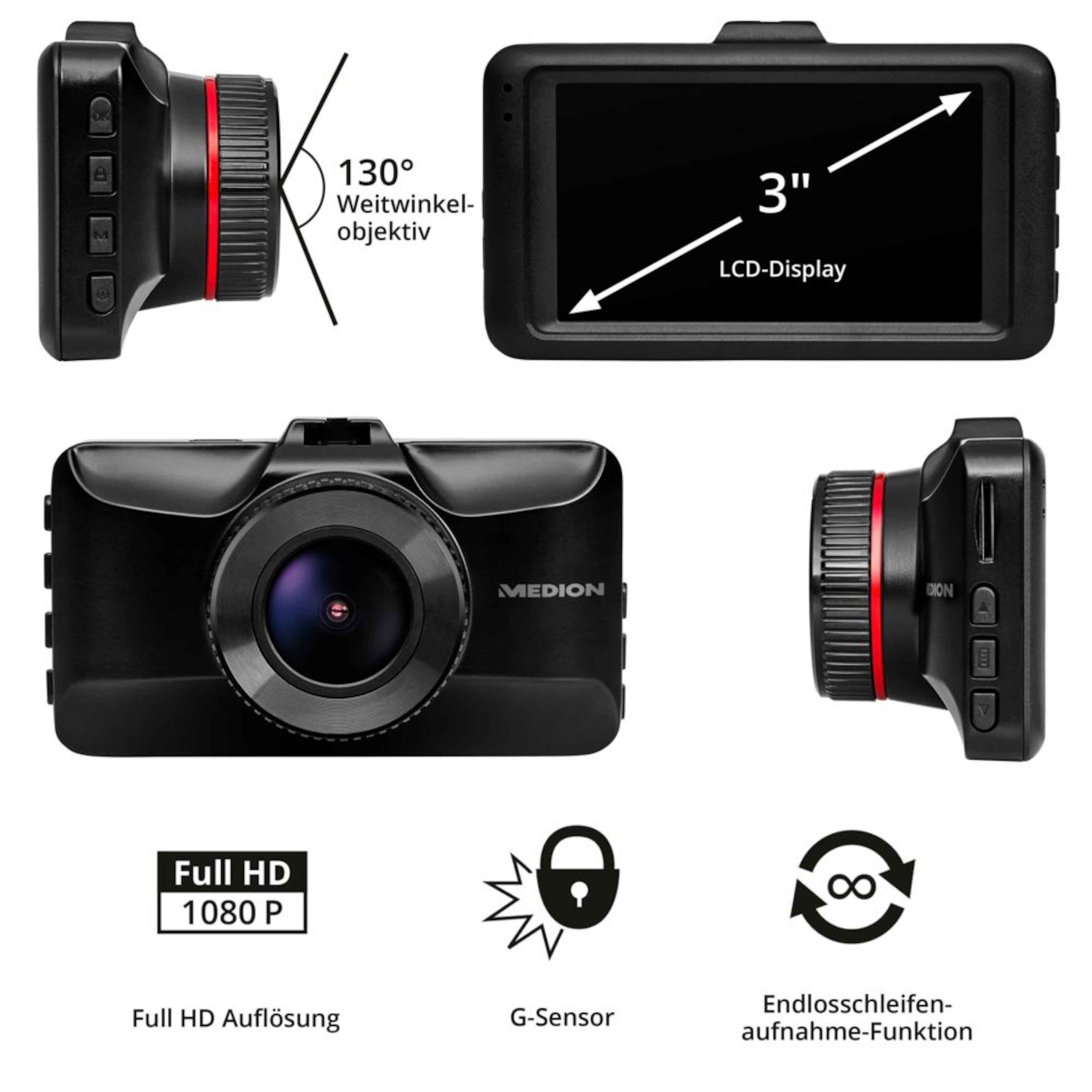 MEDION® LIFE® Dashcam E49018, Autokamera, 7,62 cm (3“) LC-Display, Full-HD, 3 MP Sensor, G-Sensor, 130° Weitwinkelobjektiv, Automatische An- und Abschaltfunktion