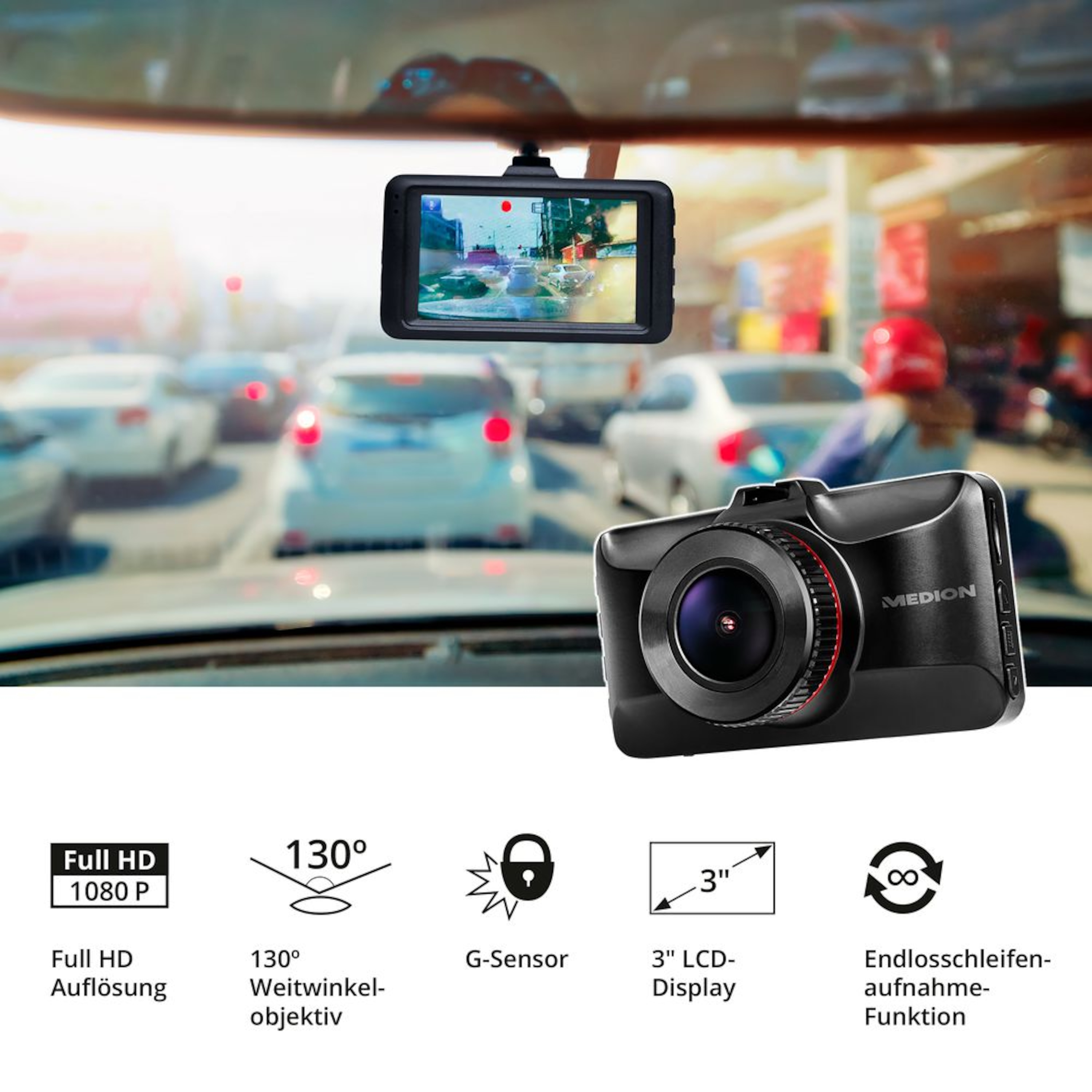 MEDION® LIFE® Dashcam E49018, Autokamera, 7,62 cm (3“) LC-Display, Full-HD, 3 MP Sensor, G-Sensor, 130° Weitwinkelobjektiv, Automatische An- und Abschaltfunktion