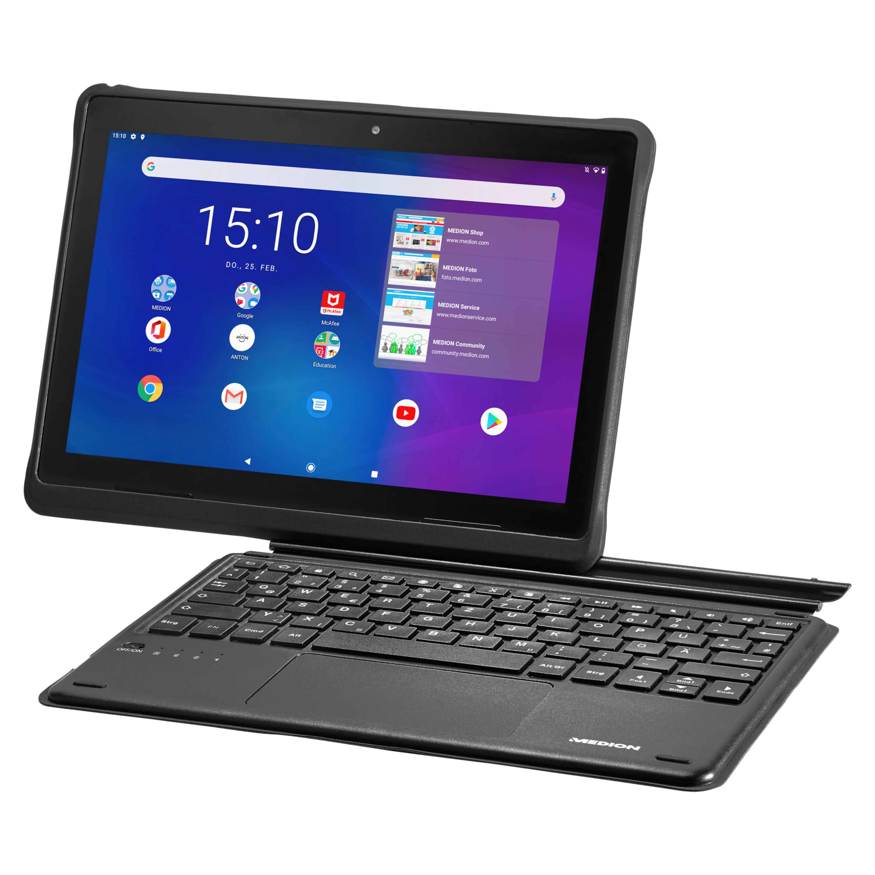 MEDION® LIFETAB® E10911 Education Tablet, 25,5 cm (10) FHD Display, Betriebssystem Android™ 10, 64 GB Speicher, 3 GB RAM, Quad-Core Prozessor, LTE, inkl. Bluetooth®-Tastatur und aktivem Stift - ARTIKELSET
