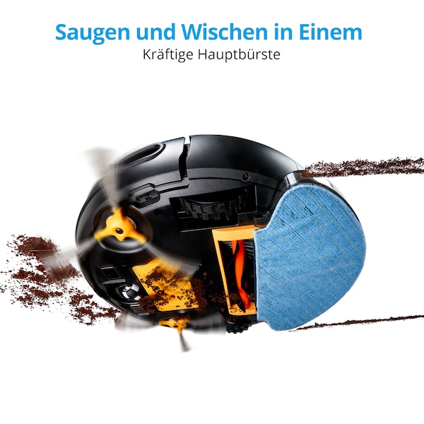 MEDION® Saugroboter mit Wischfunktion MD 19601, App- und Alexa-Steuerung, Saugen und Wischen gleichzeitig, intelligente Navigation, große Hauptbürste und zwei Seitenbürsten, 100 Min. Laufzeit