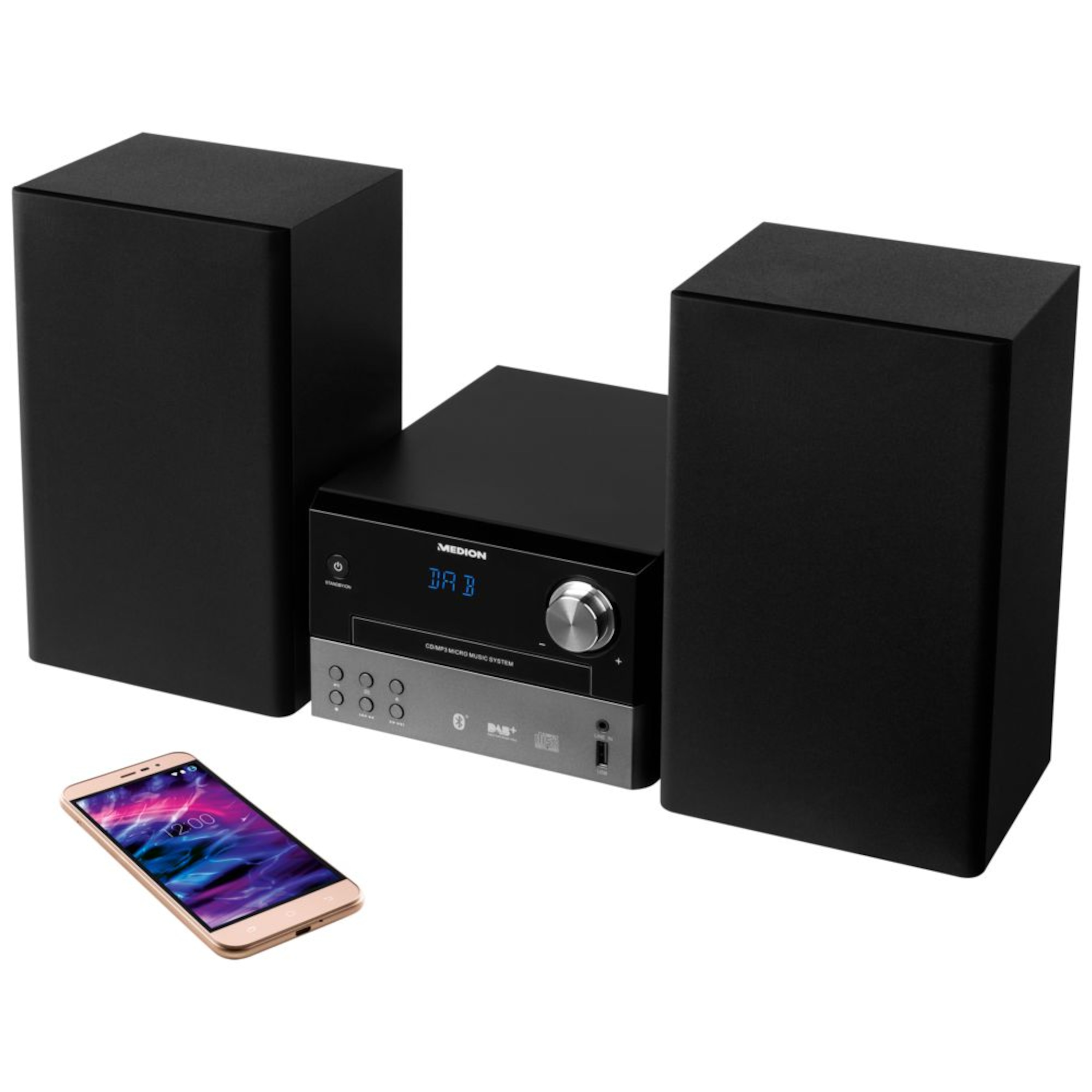 MEDION® LIFE® P64190 Micro-Audio-System mit DAB+ und Bluetooth®, CD/MP3-Player, USB, AUX, UKW/MW-Radio, 2 x 15 W RMS