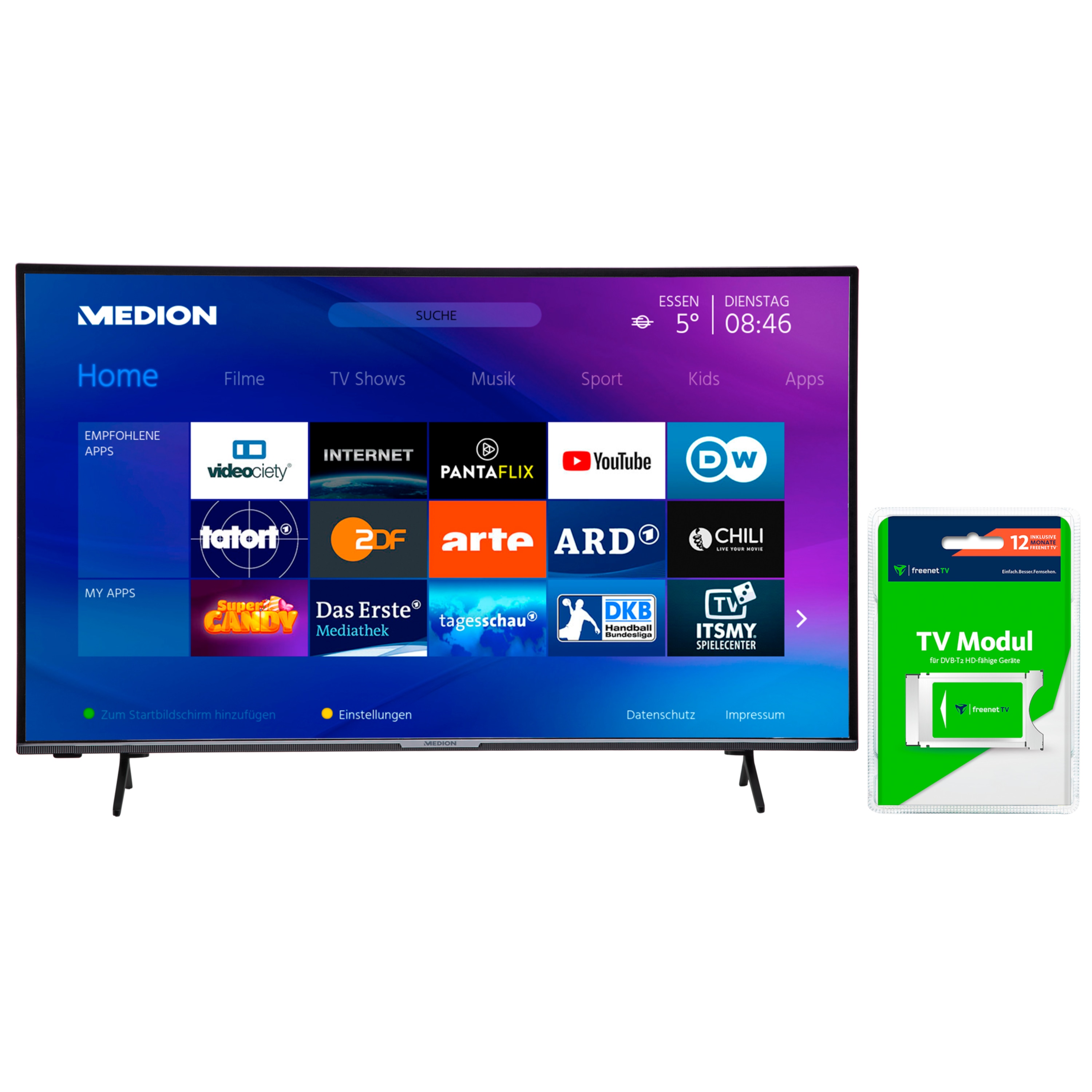 MEDION® LIFE® X15000 Smart-TV, 125,7 cm (50'') Ultra HD Fernseher, inkl. DVB-T 2 HD Modul (12 Monate freenet TV gratis) - ARTIKELSET