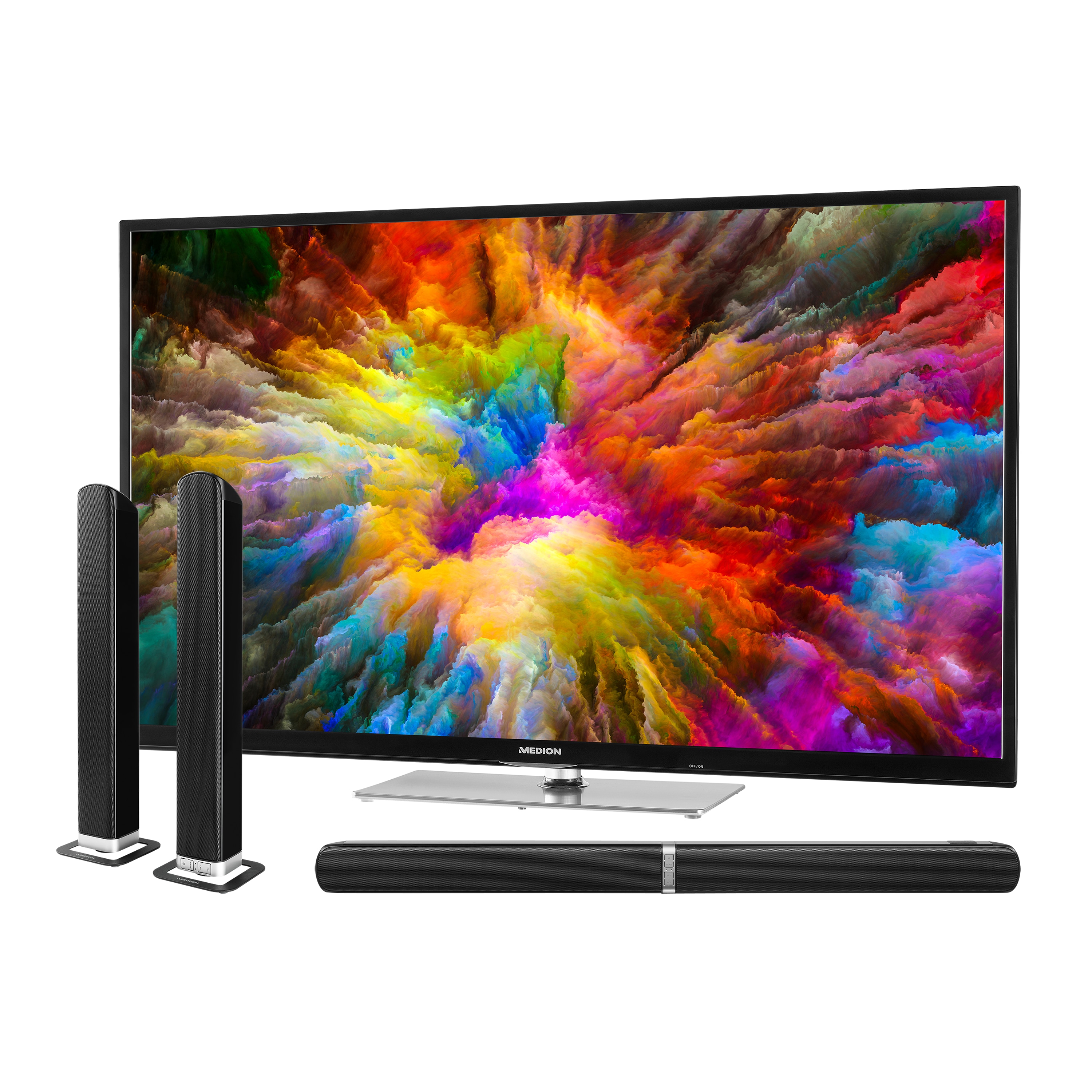 MEDION® LIFE® X15022 Smart-TV, 125,7 cm (50") Ultra HD Display, HDR, Dolby Vision, PVR ready, Netflix, Bluetooth®, DTS HD, HD Triple Tuner, CI+, inkl. wandelbarer TV Soundbar E64058