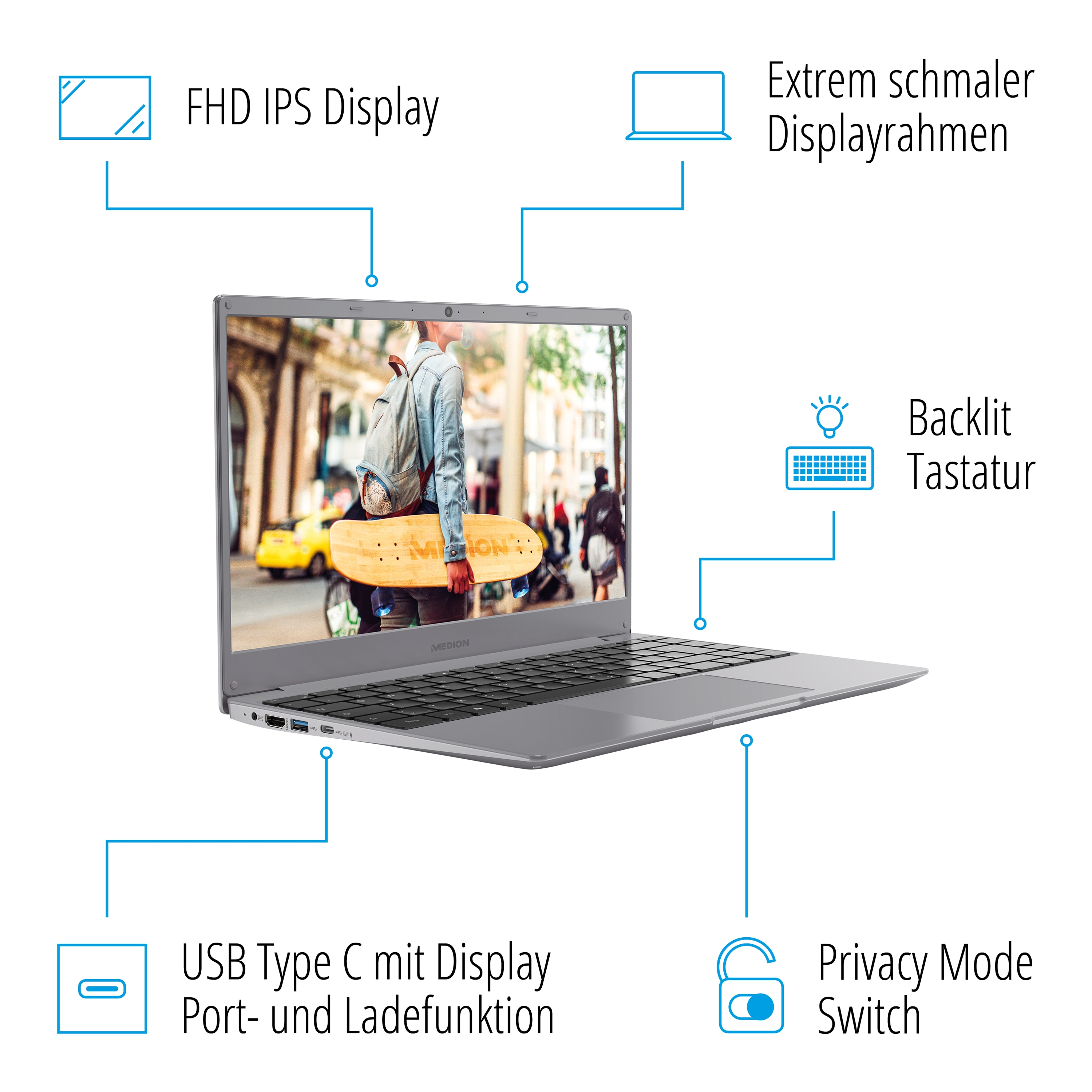 MEDION® AKOYA® E15407, Intel® Core™ i5-1035G1, Windows 10 Home, 39,6 cm (15,6'') FHD Display, 512 GB SSD, 8 GB RAM, Notebook, inkl. SoftMaker Office Standard 2021