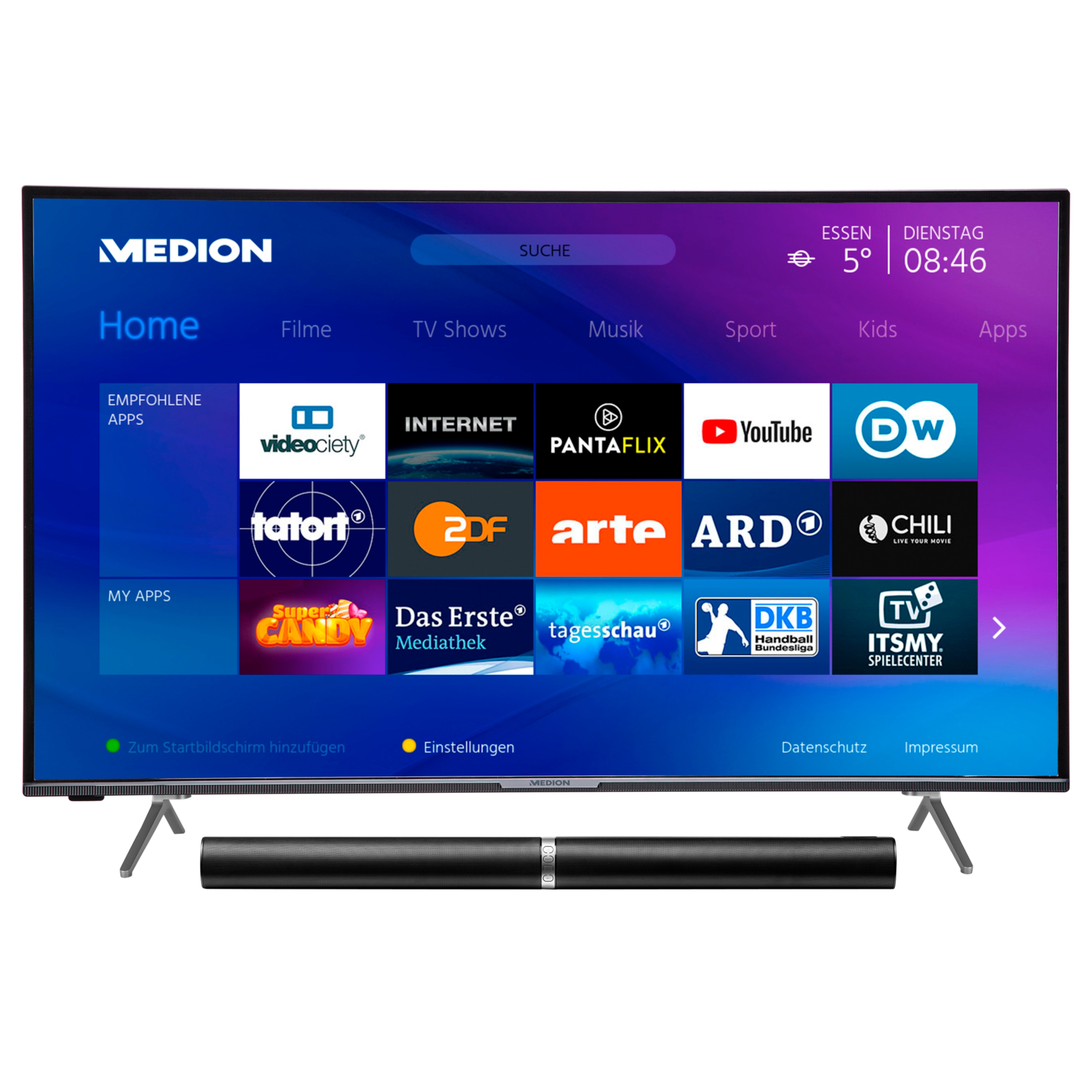 MEDION® LIFE® X15580 Smart-TV, 138,8 cm (55'') Ultra HD Fernseher, inkl. LIFE® P61202 TV-Soundbar - ARTIKELSET