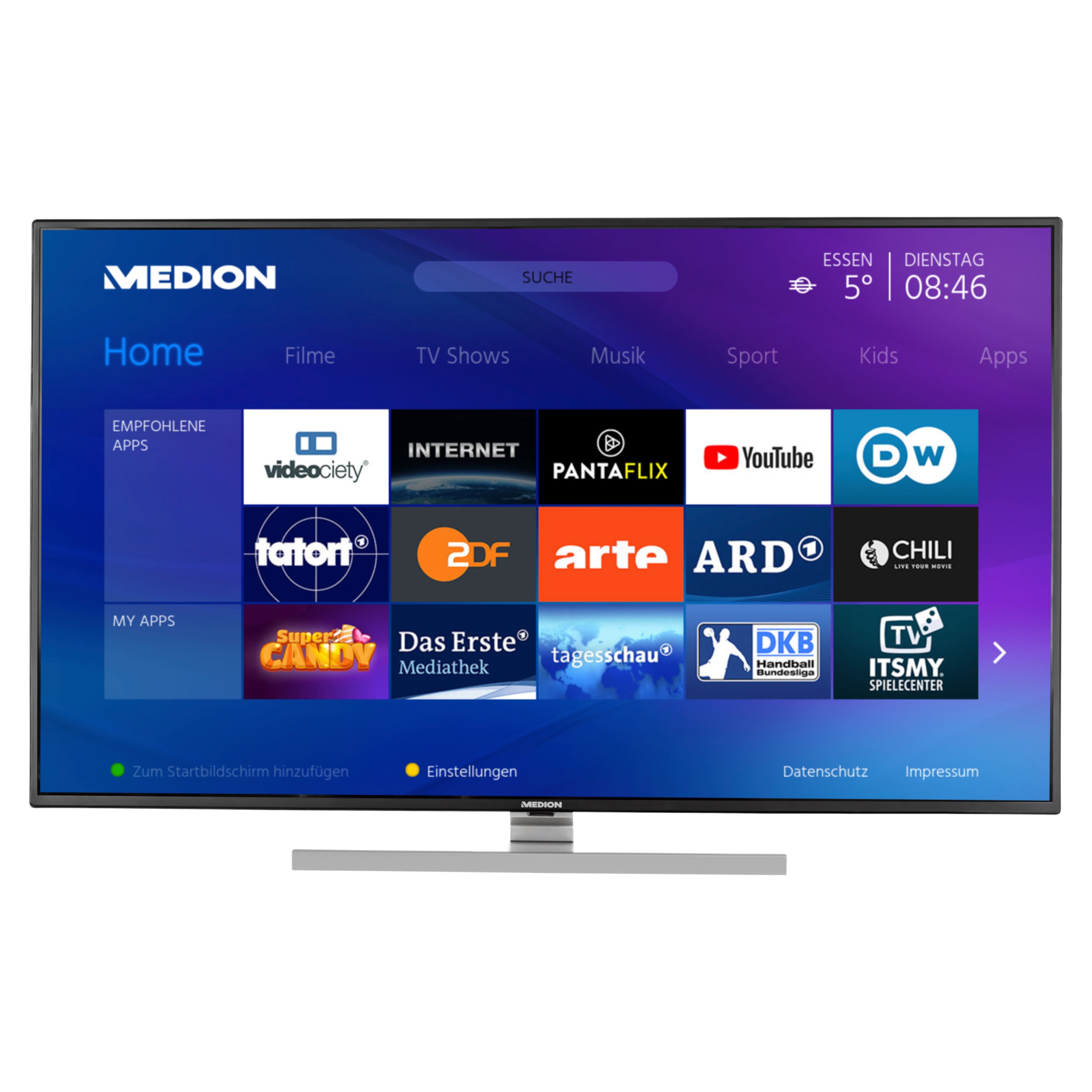 MEDION® LIFE® S16502 Smart-TV, 163,8 cm (65'') Ultra HD Display, HDR, Dolby Vision™, Micro Dimming, MEMC, WCG, PVR ready, Netflix, Amazon Prime Video, Bluetooth®, DTS HD, HD Triple Tuner, CI+